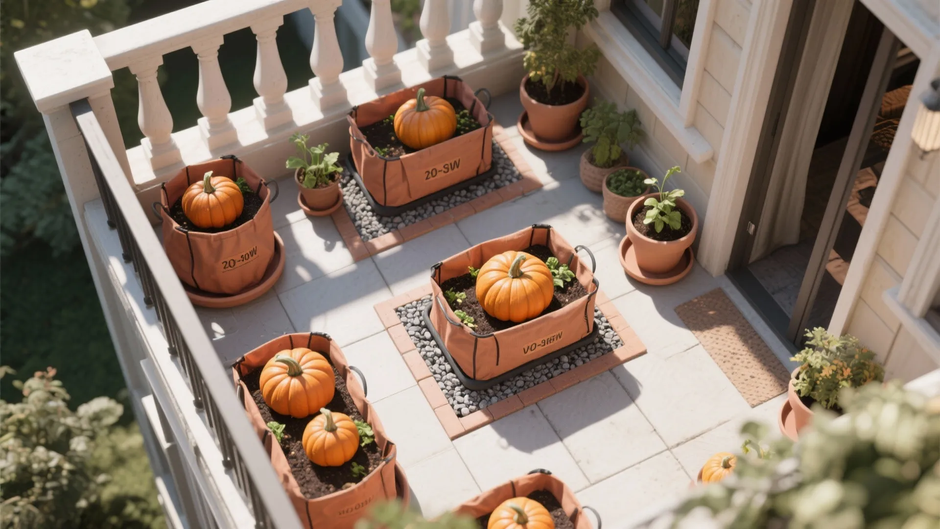 Outdoor balcony featuring several orange pumpkins growing in fabric planter bags and small terracotta pots