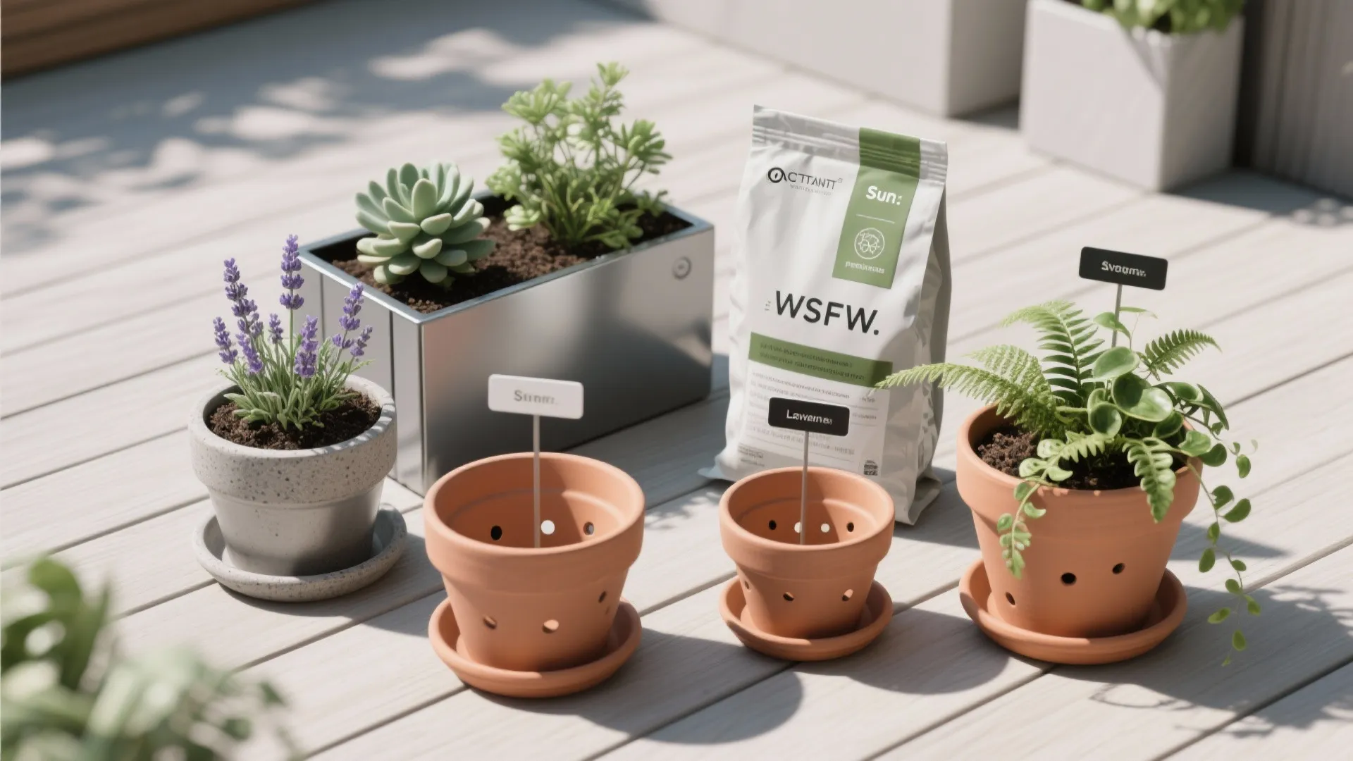 Outdoor gardening setup with various potted plants, empty clay pots, and a bag of plant food