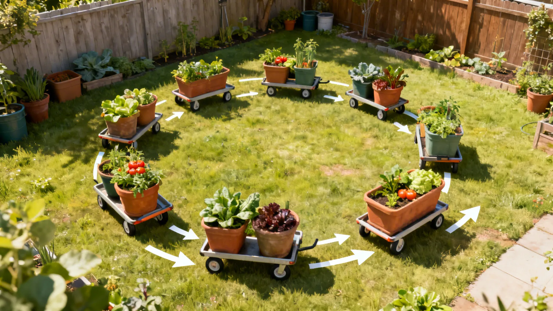 Top-down view of wheeled containers on a trolley arranged for seasonal rotation