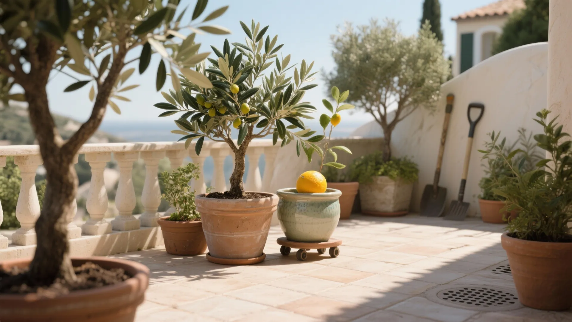 Sunny outdoor terrace featuring olive and lemon trees in clay pots with garden tools and railing