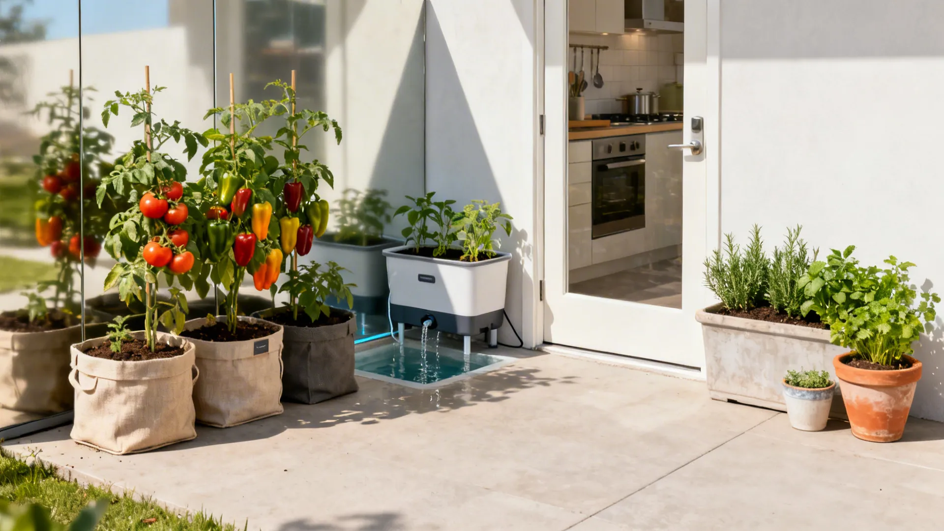 Container garden triangle with sun cluster, water-access cluster, and near-door herb cluster.