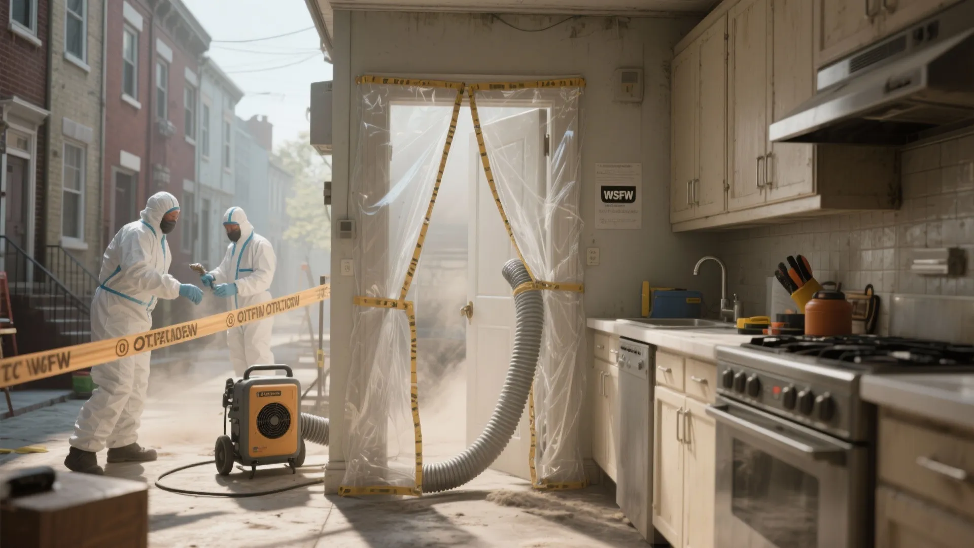 Workers in white safety suits setting up plastic barrier and air duct for kitchen renovation