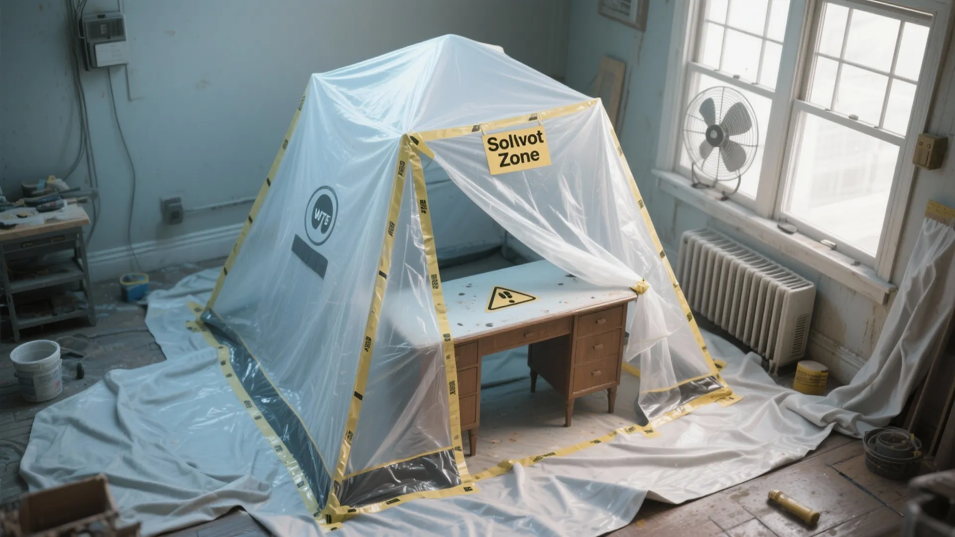 Wooden desk inside a protective plastic tent with yellow warning tape in a room renovation