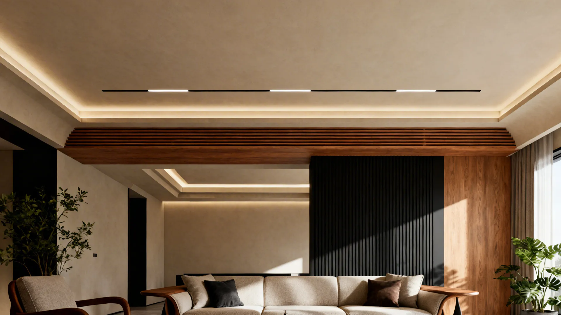 Modern living room with white sofa black wall panel wood beam and warm hidden ceiling lights