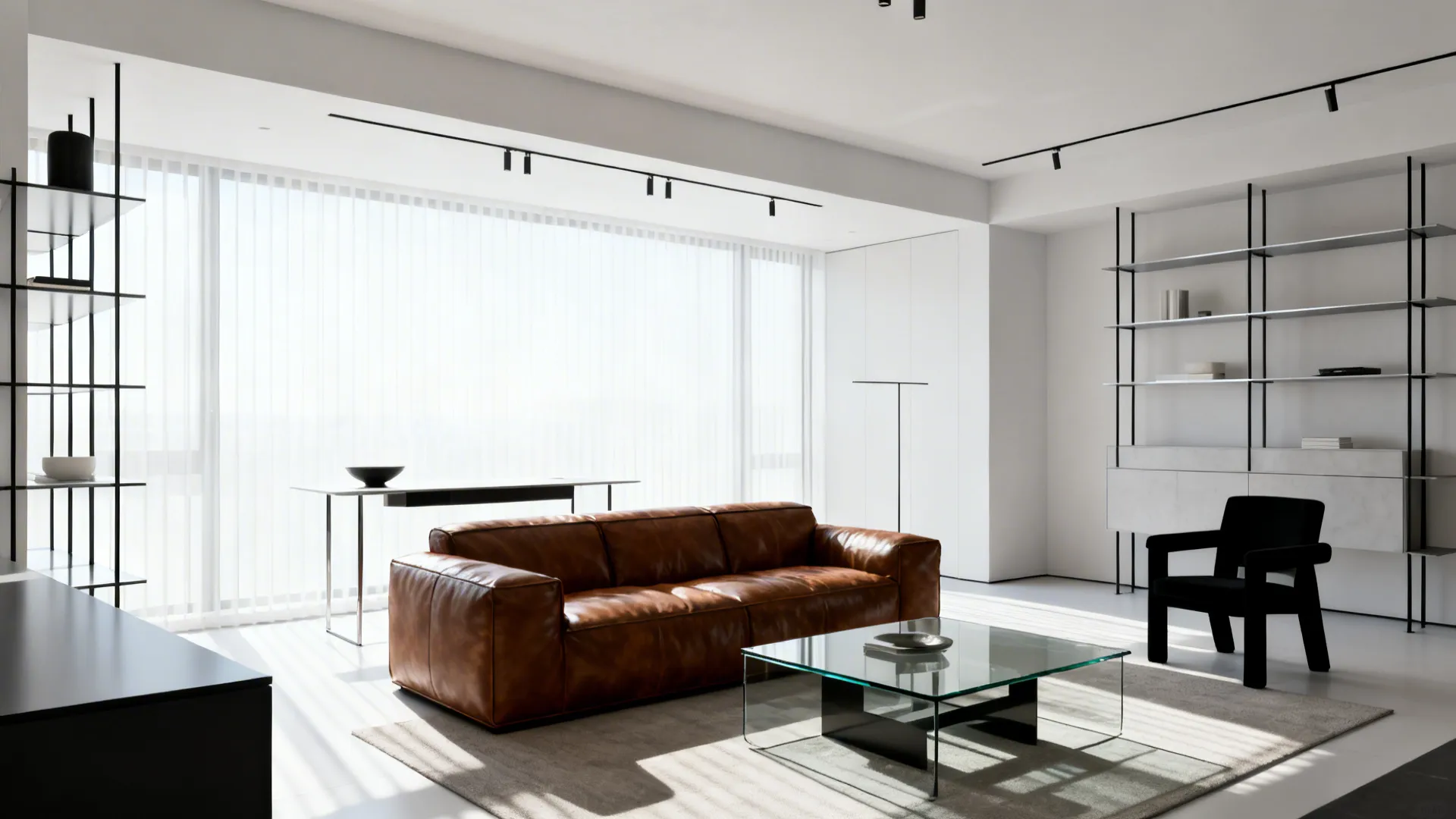 Small modern living room with a chunky brown leather sofa contrasted by slim glass coffee table and thin-framed shelving.