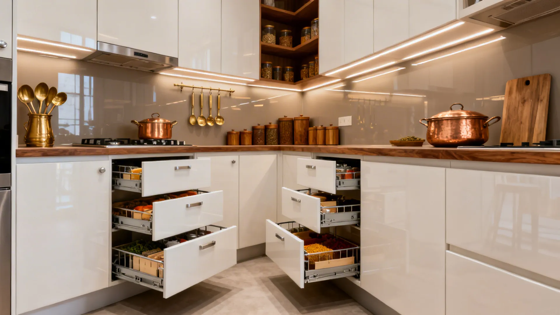 Modern compact L-shaped kitchen with matte lacquer fronts and tall pull-outs.