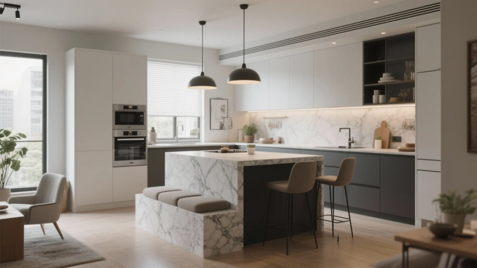 Minimalist kitchen with marble island, built-in bench seating, grey cabinets, and black hanging ceiling lights