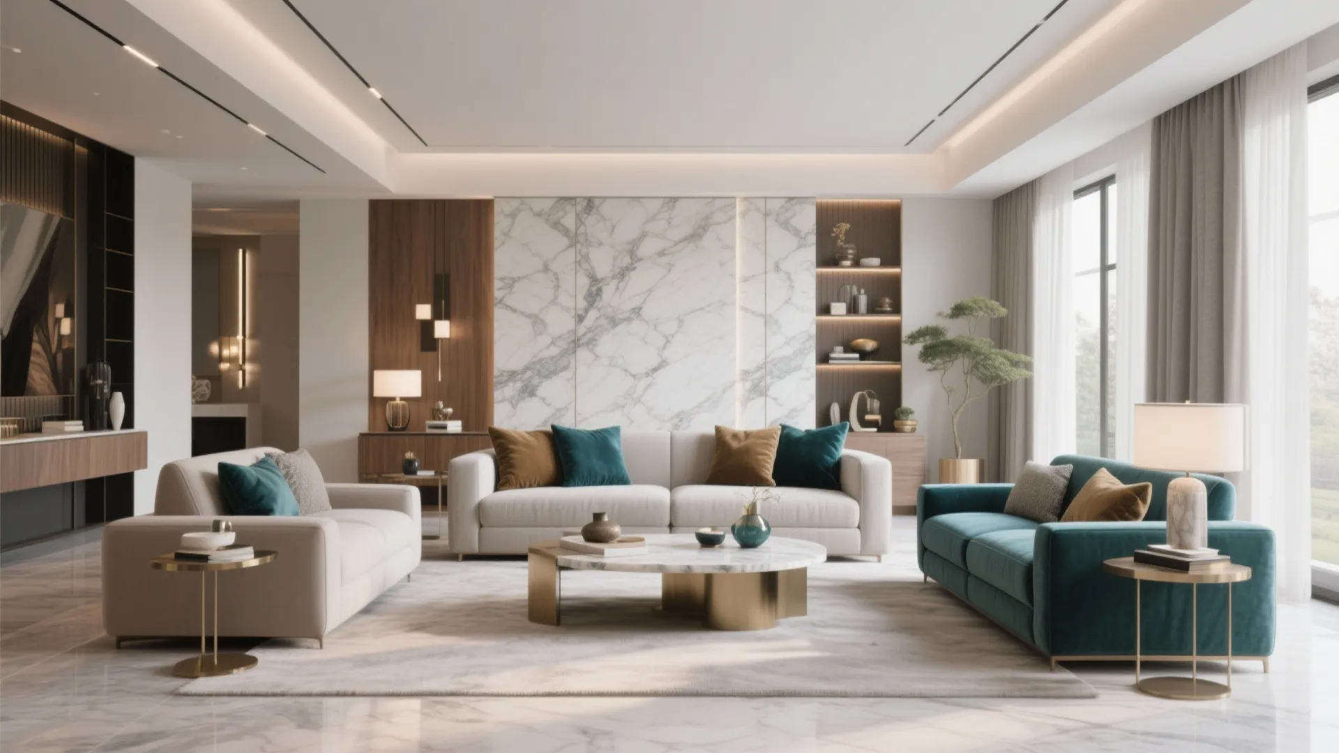 Luxury living room with white marble wall panel teal sofa gold coffee table and ceiling light