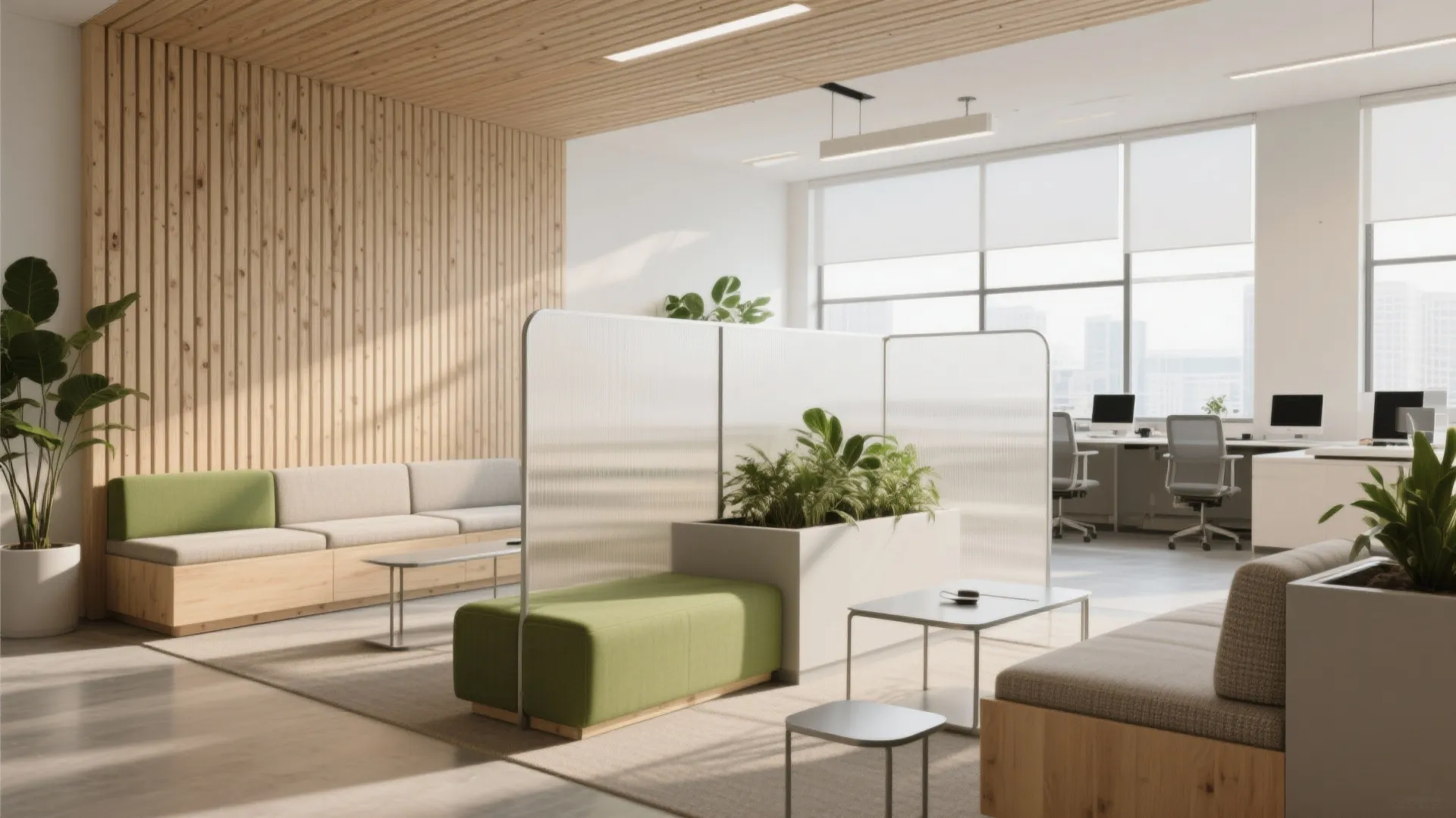 Modern office breakout area with green seating wood wall panel frosted glass screens and natural light
