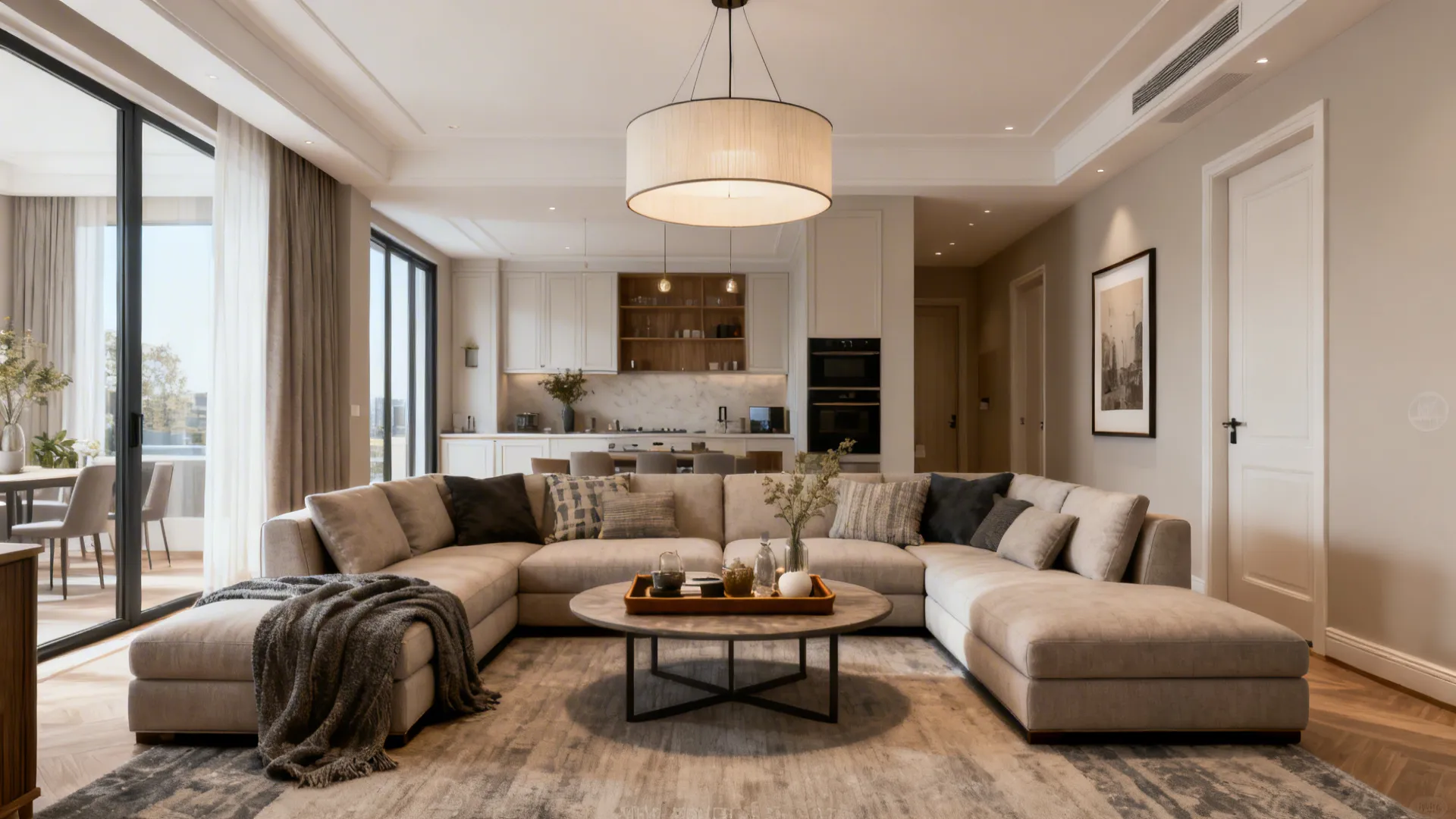 Contemporary open-layout living room with sectional sofa and pendant light