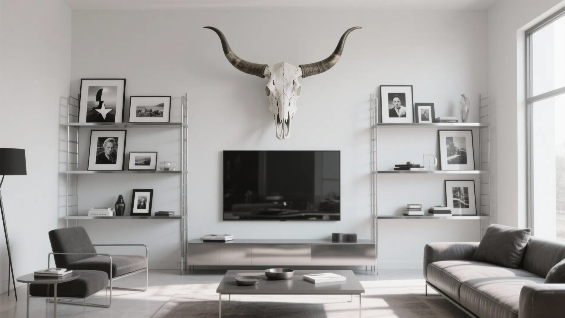 Contemporary living room with Texas Longhorn skull and modern furniture