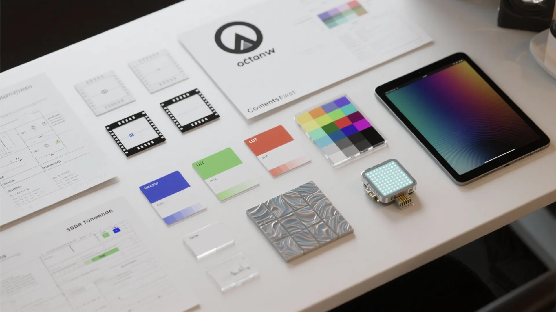 Flat lay of desk with a tablet color samples small LED light and various design papers
