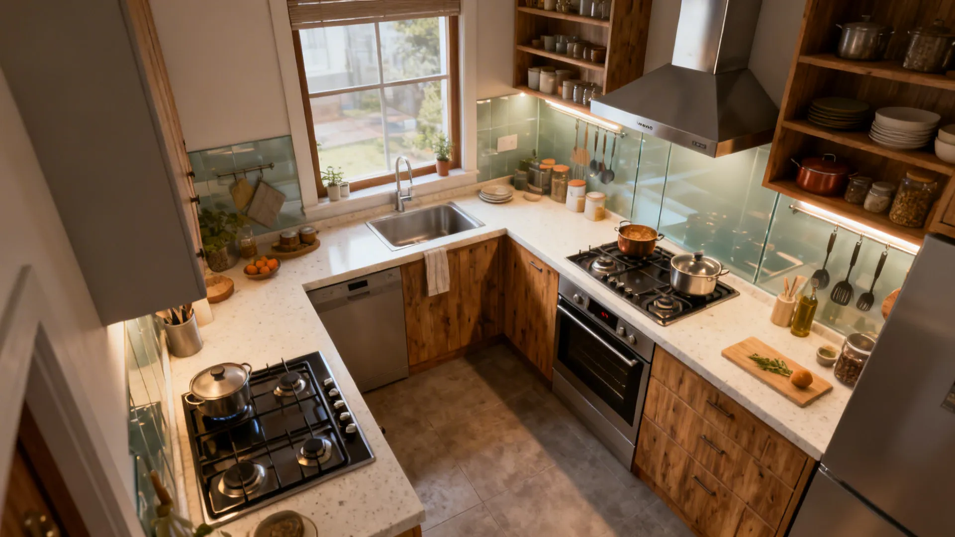 Before-and-after compact kitchen showing improved East-facing orientation, ventilation, and storage zoning.
