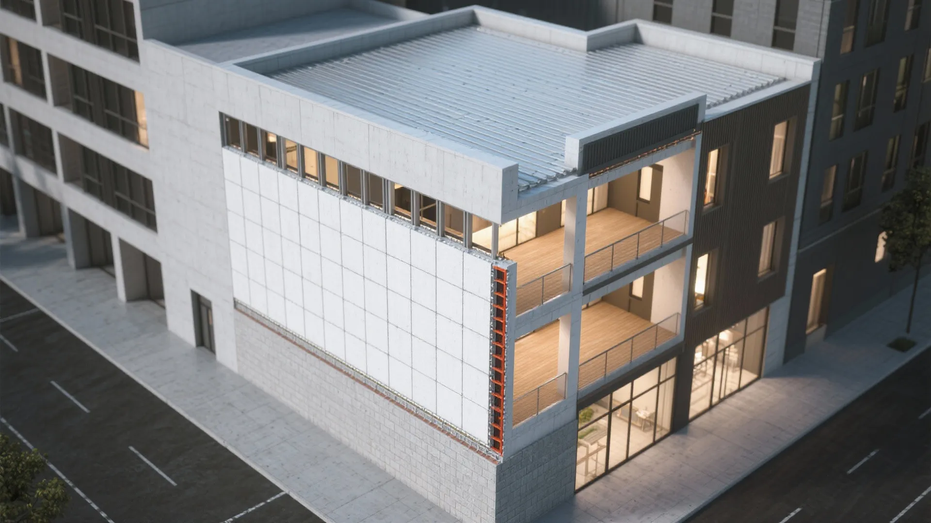 Interior design drawing showing a modern building with white walls wood floors balconies and windows