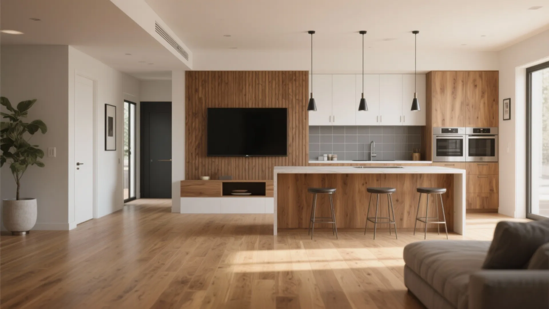 Material continuity with warm wood and one floor