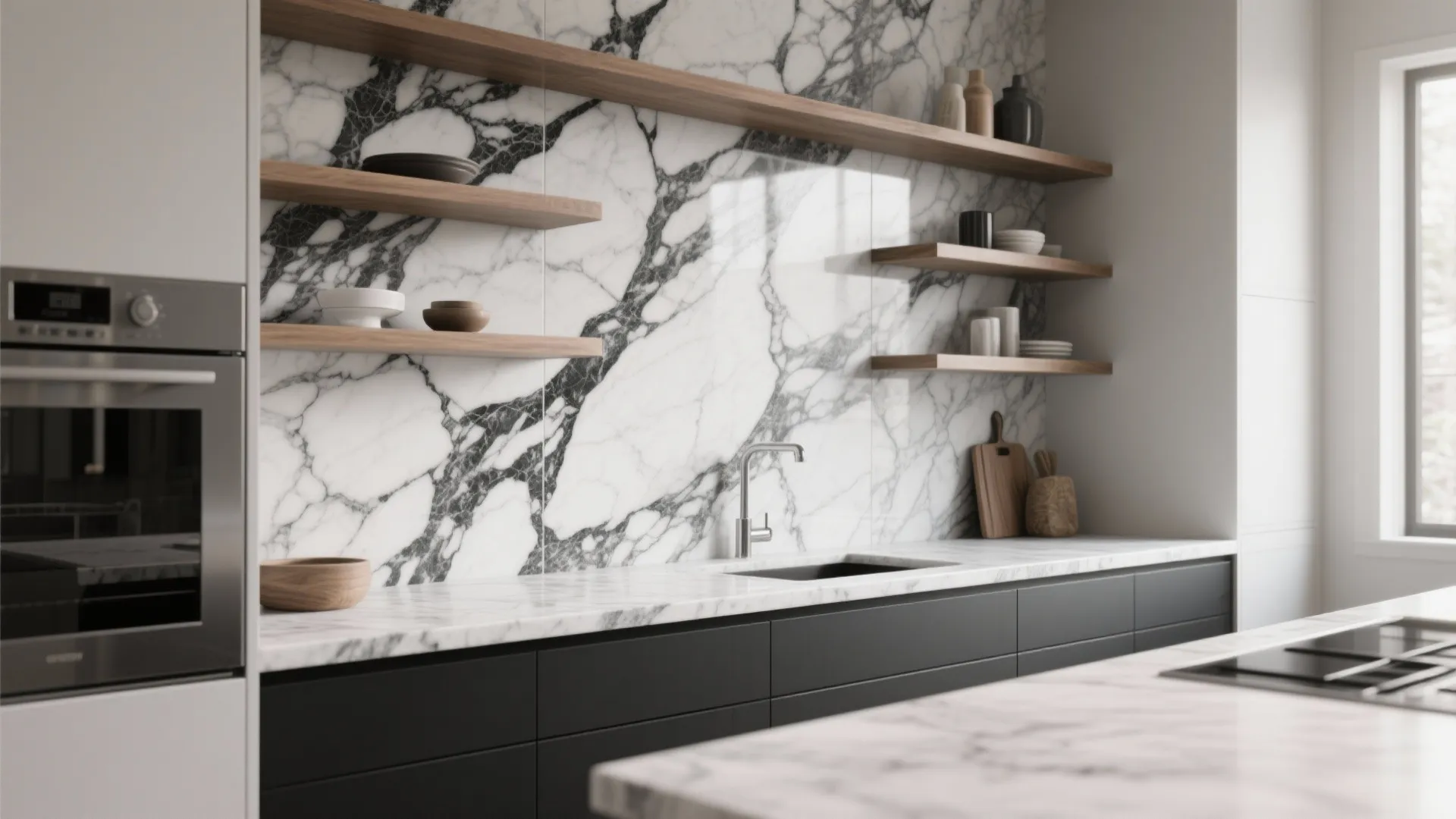 Modern kitchen with marble wall and wood shelves black cabinets and silver sink and oven window