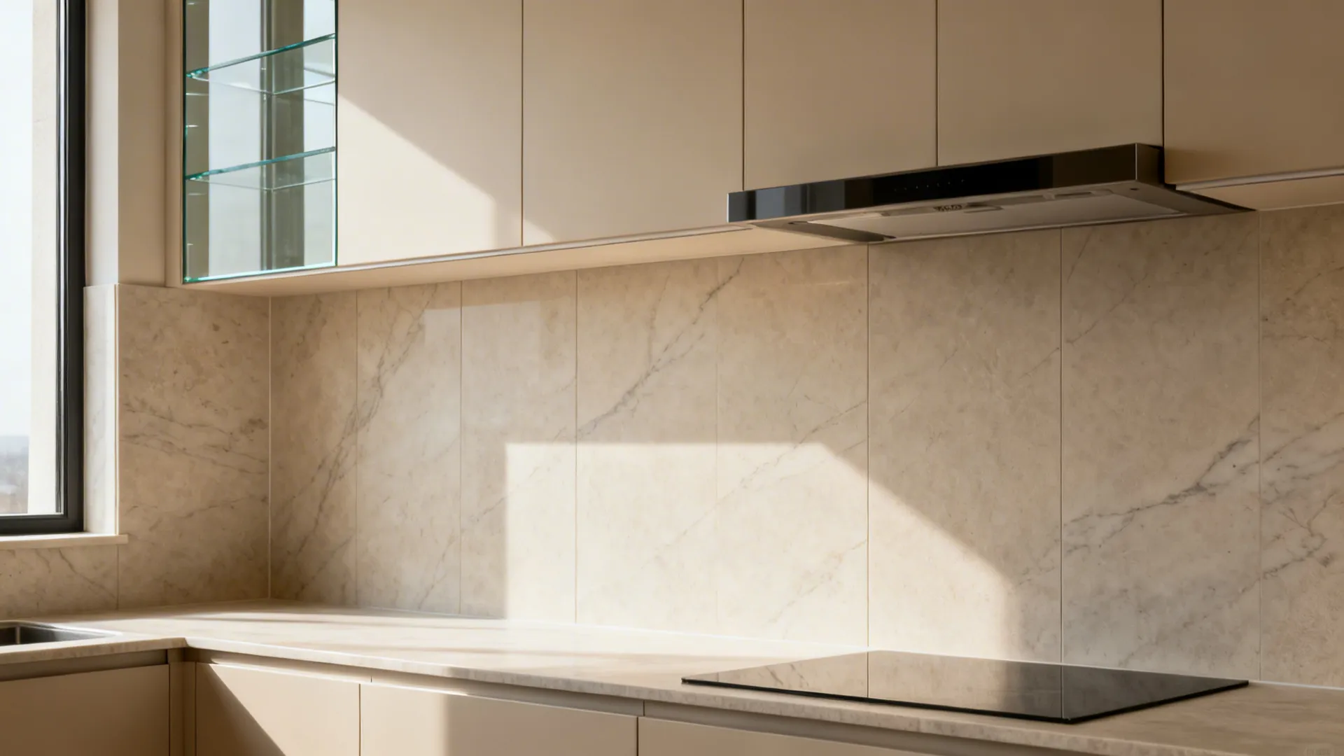 Elevation of a compact kitchen with a wall-to-wall continuous slab backsplash.