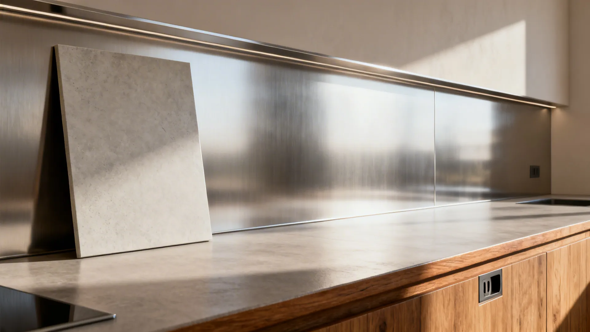 Single-sheet stainless steel backsplash spanning the counter length in a small kitchen.