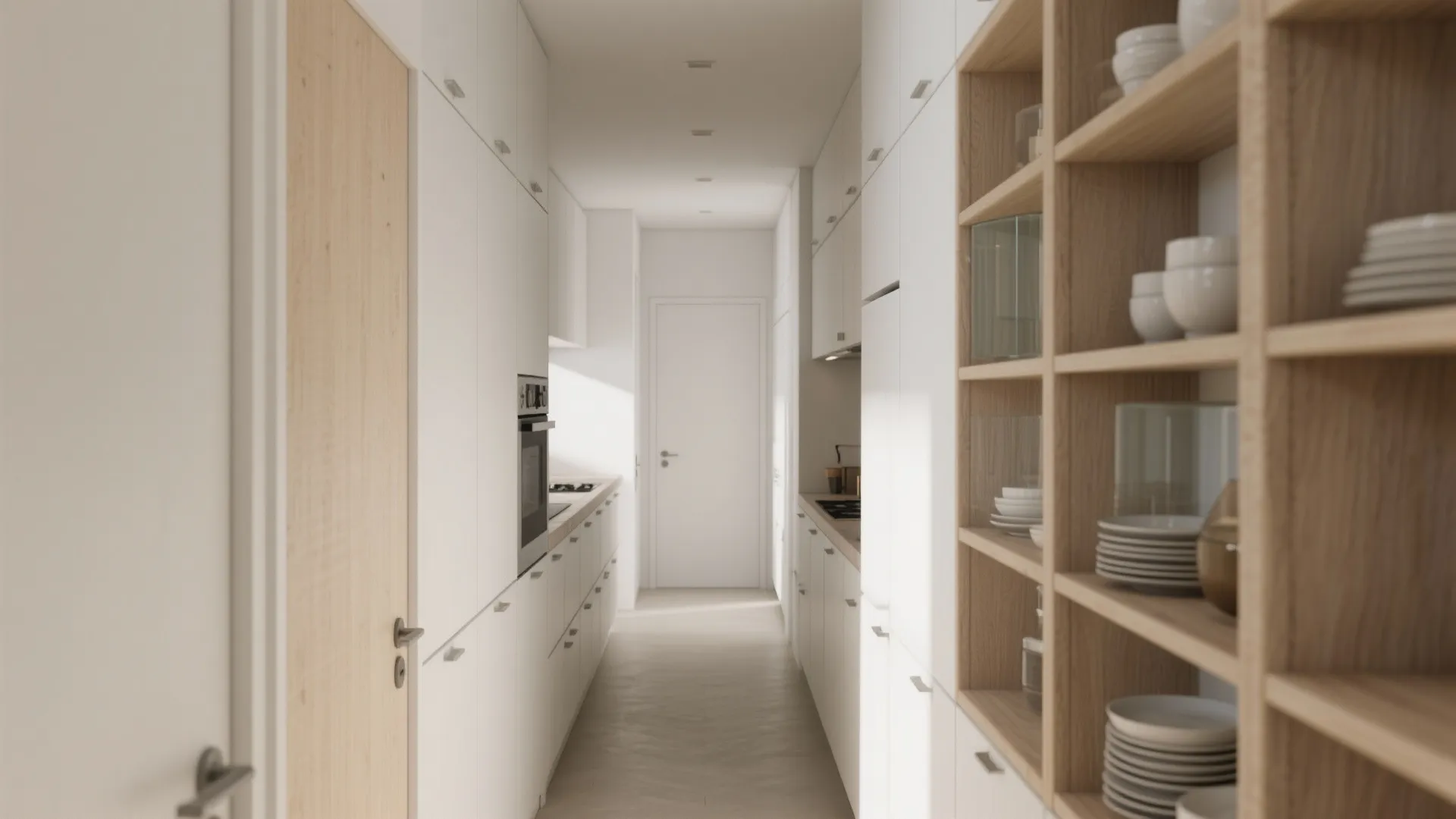 Galley kitchen corridor with continuous cabinetry and alternating open shelves breaking the rhythm.