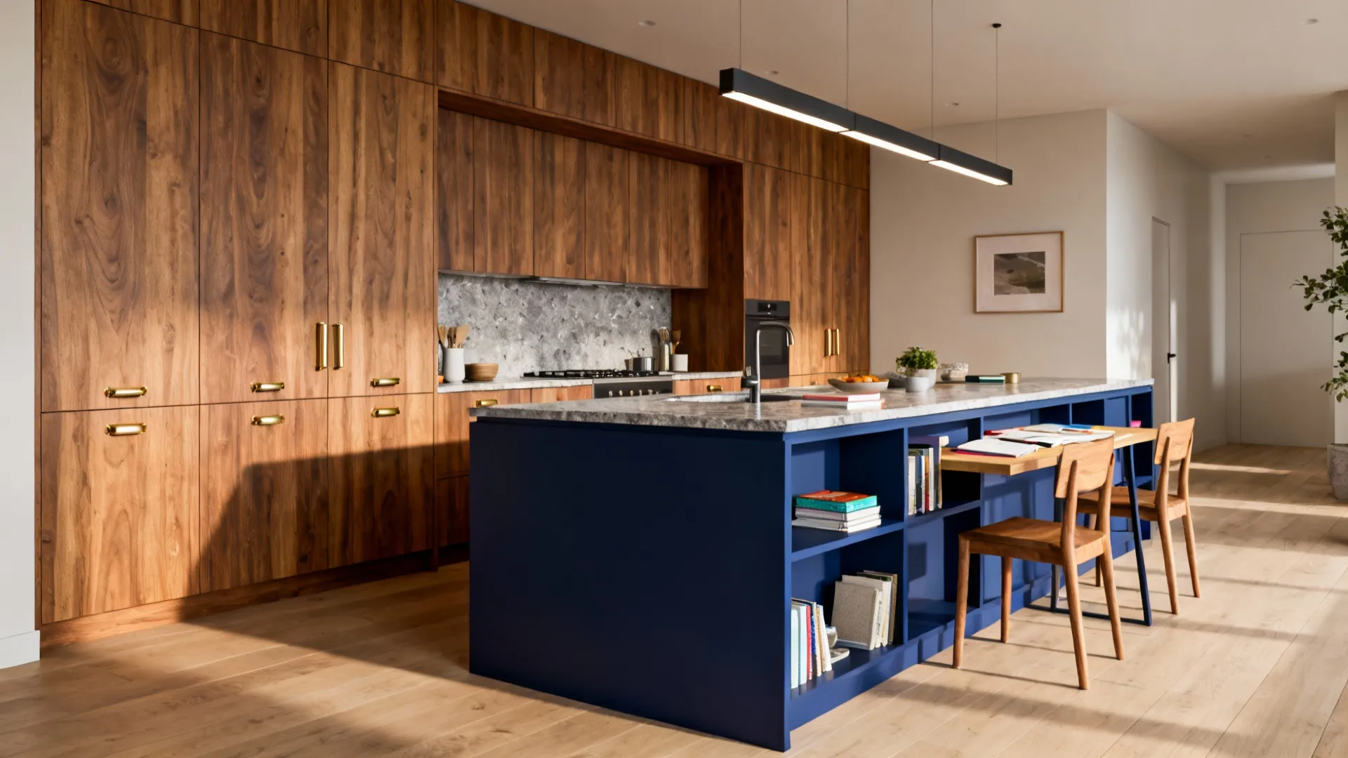 Continuous wood cabinetry with a contrasting blue island and clear circulation space