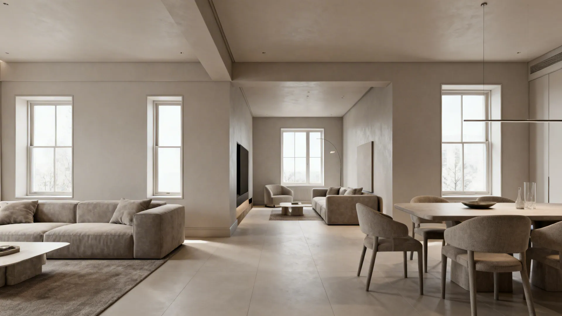 Open-plan living and dining area painted in related pale warm gray tones for continuous flow