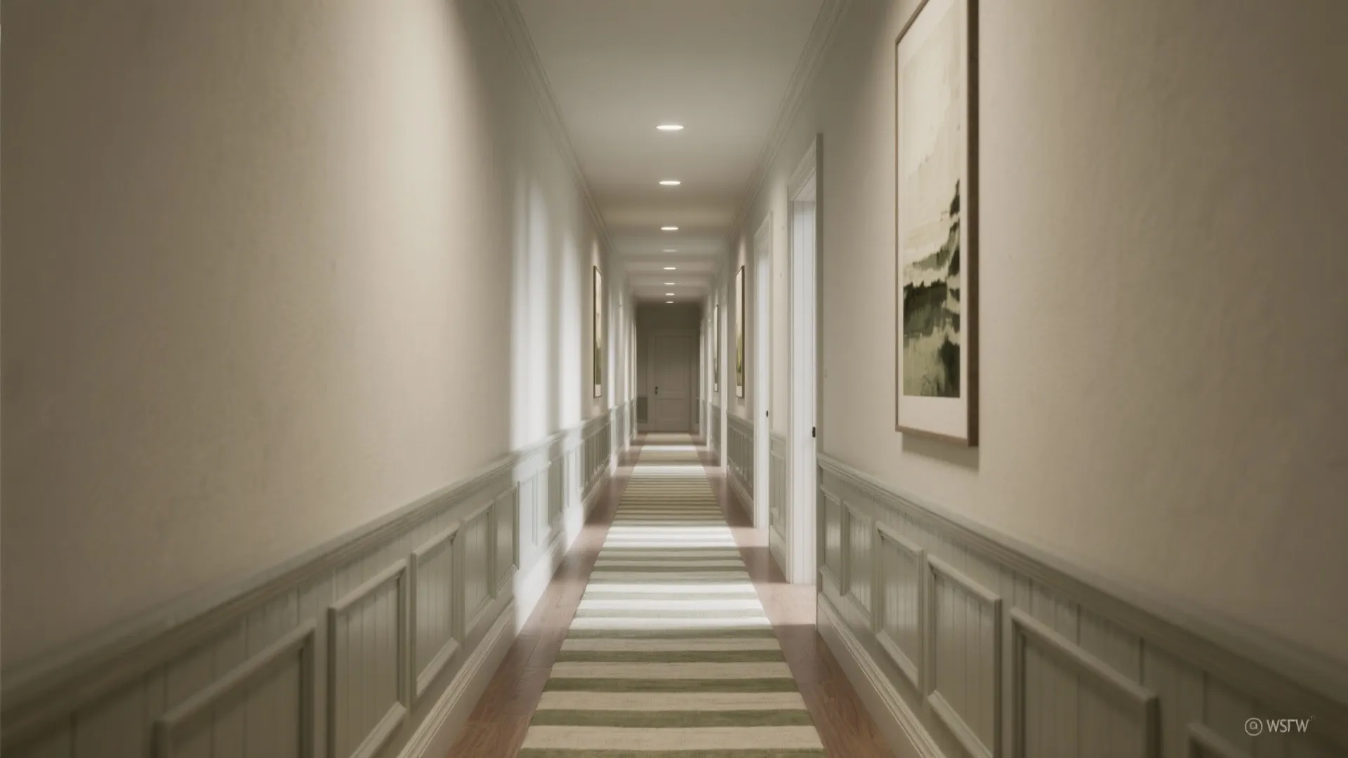 Long hallway featuring green wall panel design with a striped rug and warm ceiling light