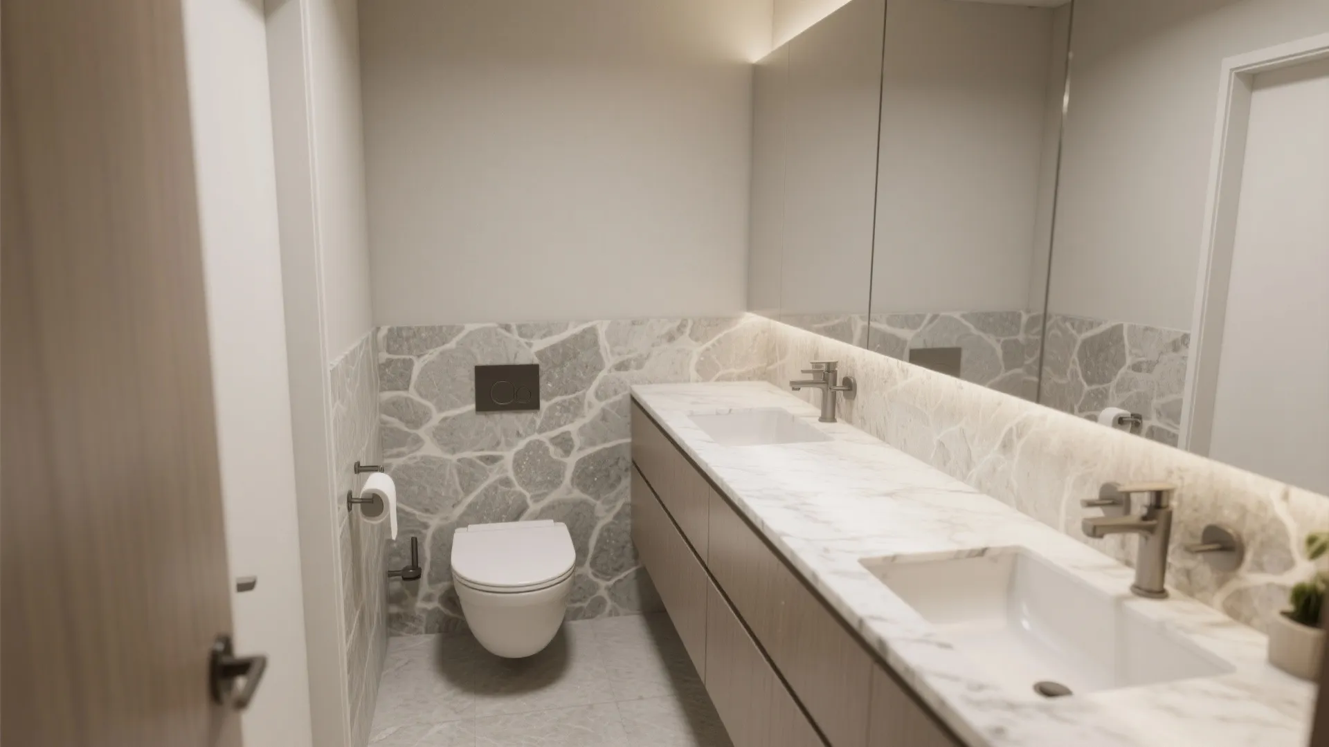 Long marble bathroom counter with two sinks large mirror stone wall panel and white toilet