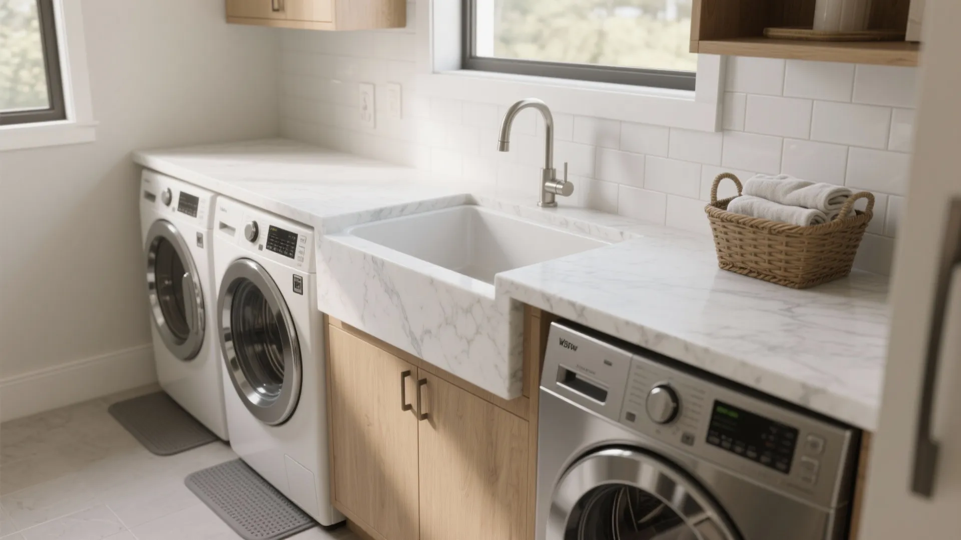 Laundry room with white washing machines under a marble countertop featuring a large white sink
