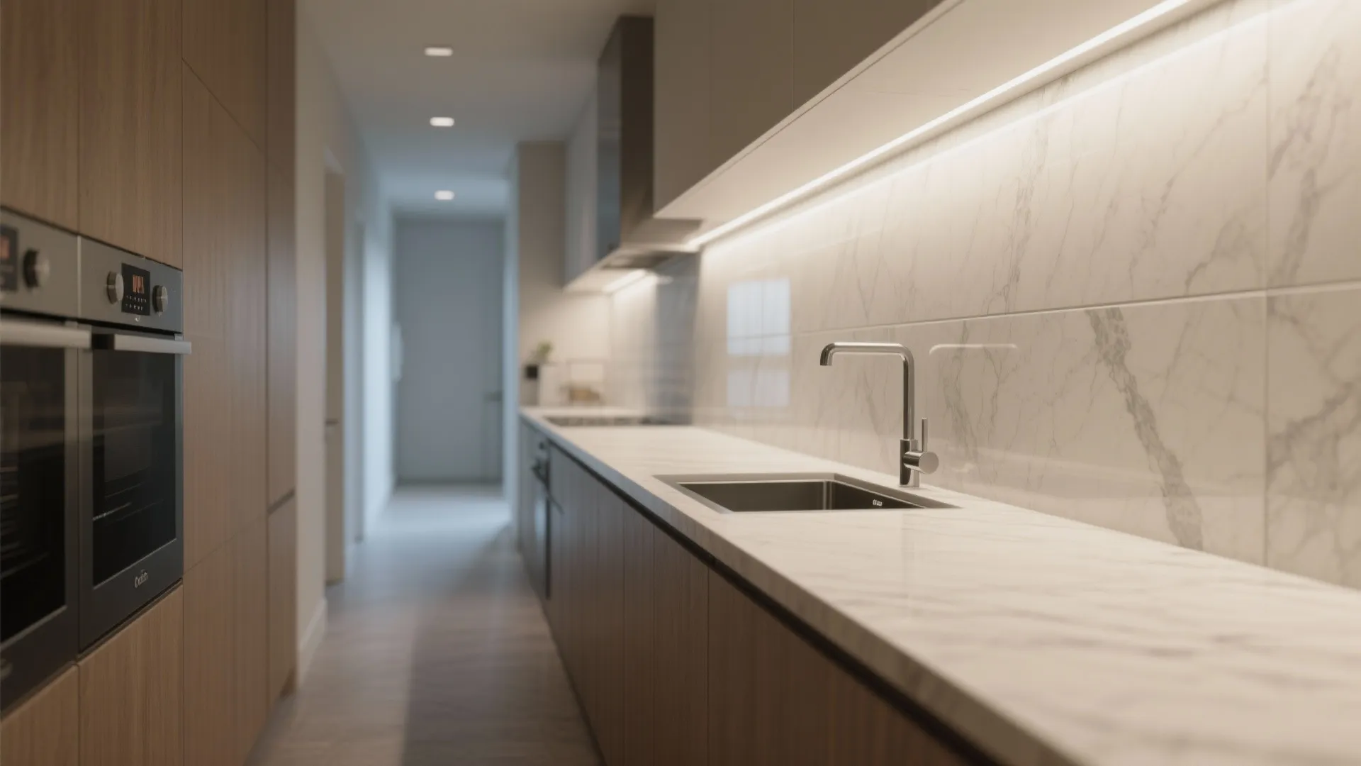 Minimalist kitchen interior design drawing showing long marble countertop sink wood cabinets and bright light fixture