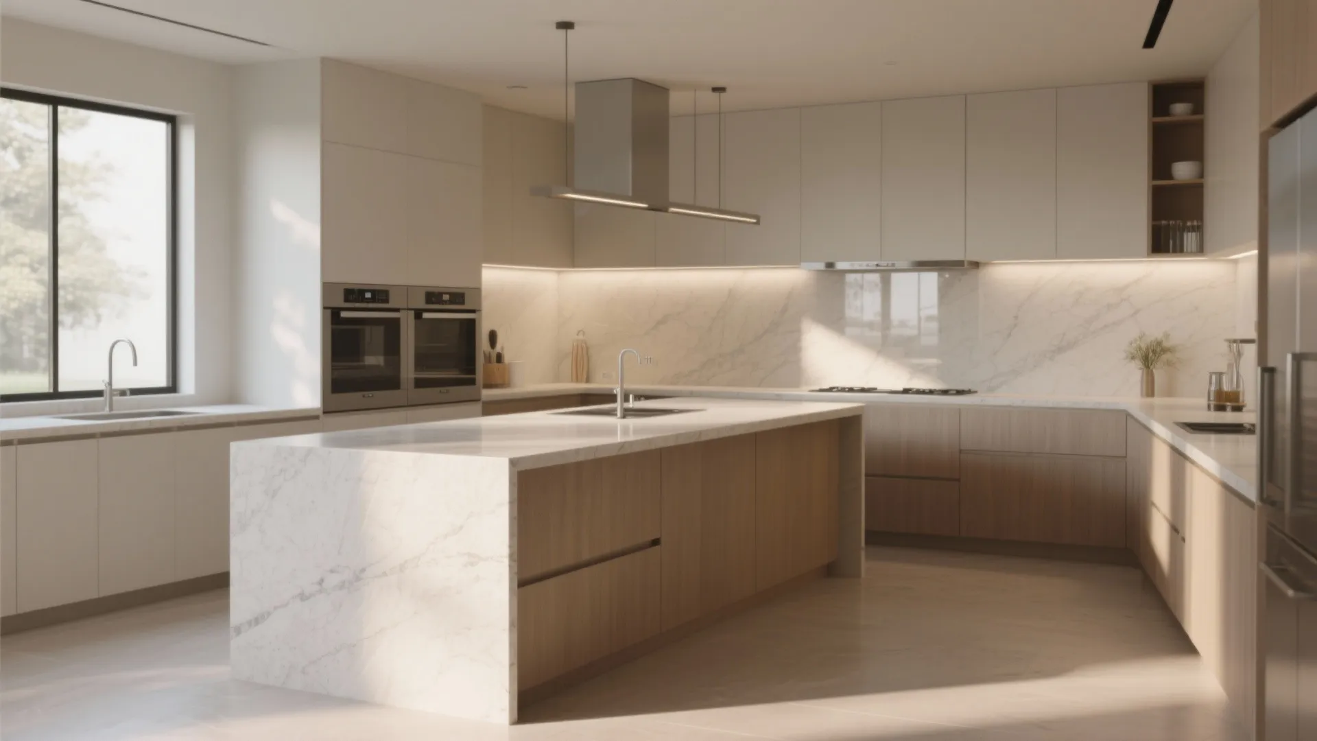 2. Use continuous countertops to visually expand the room