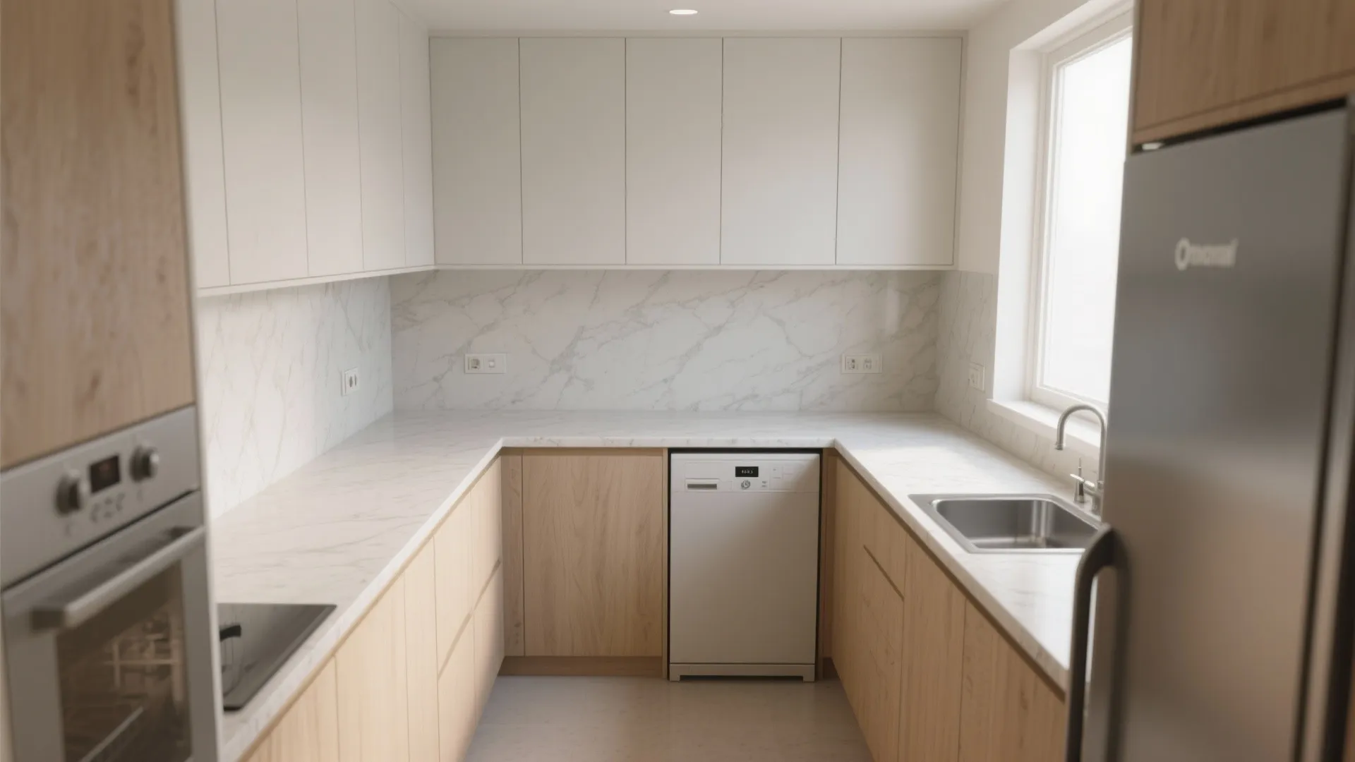 Modern kitchen with marble countertop wood cabinets white upper storage sink and built in dishwasher