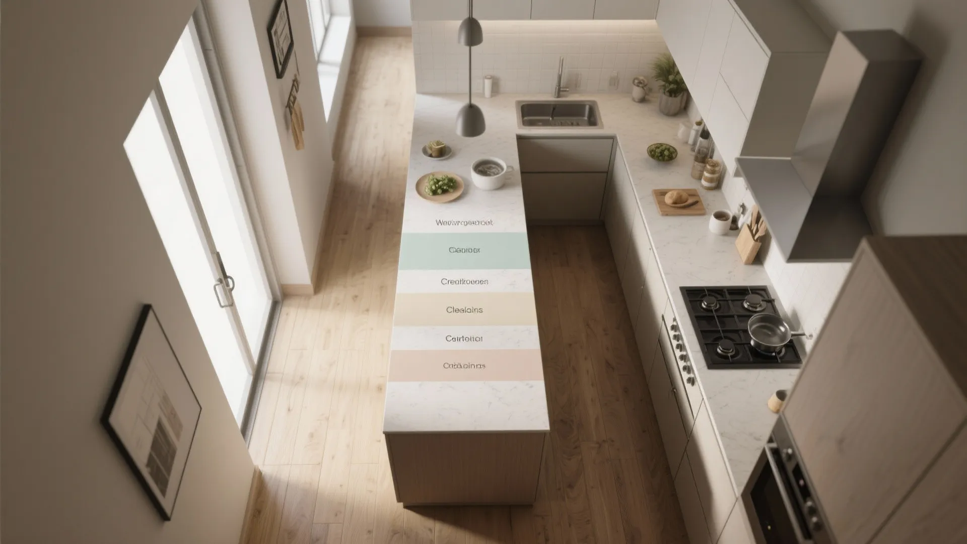 Top view of a modern kitchen island with colorful material samples and white marble stone countertop