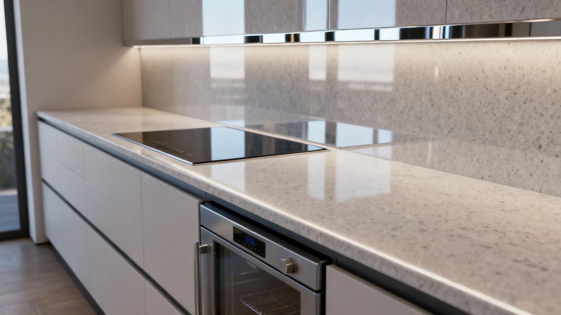 Seamless quartz countertop with integrated flush cooktop and under-counter fridge in a compact kitchen.