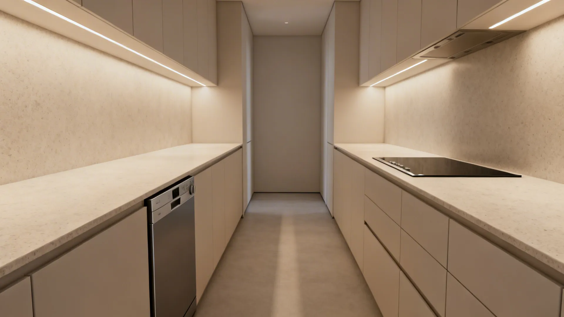 Narrow kitchen with a continuous quartz countertop and integrated appliances creating a streamlined look.