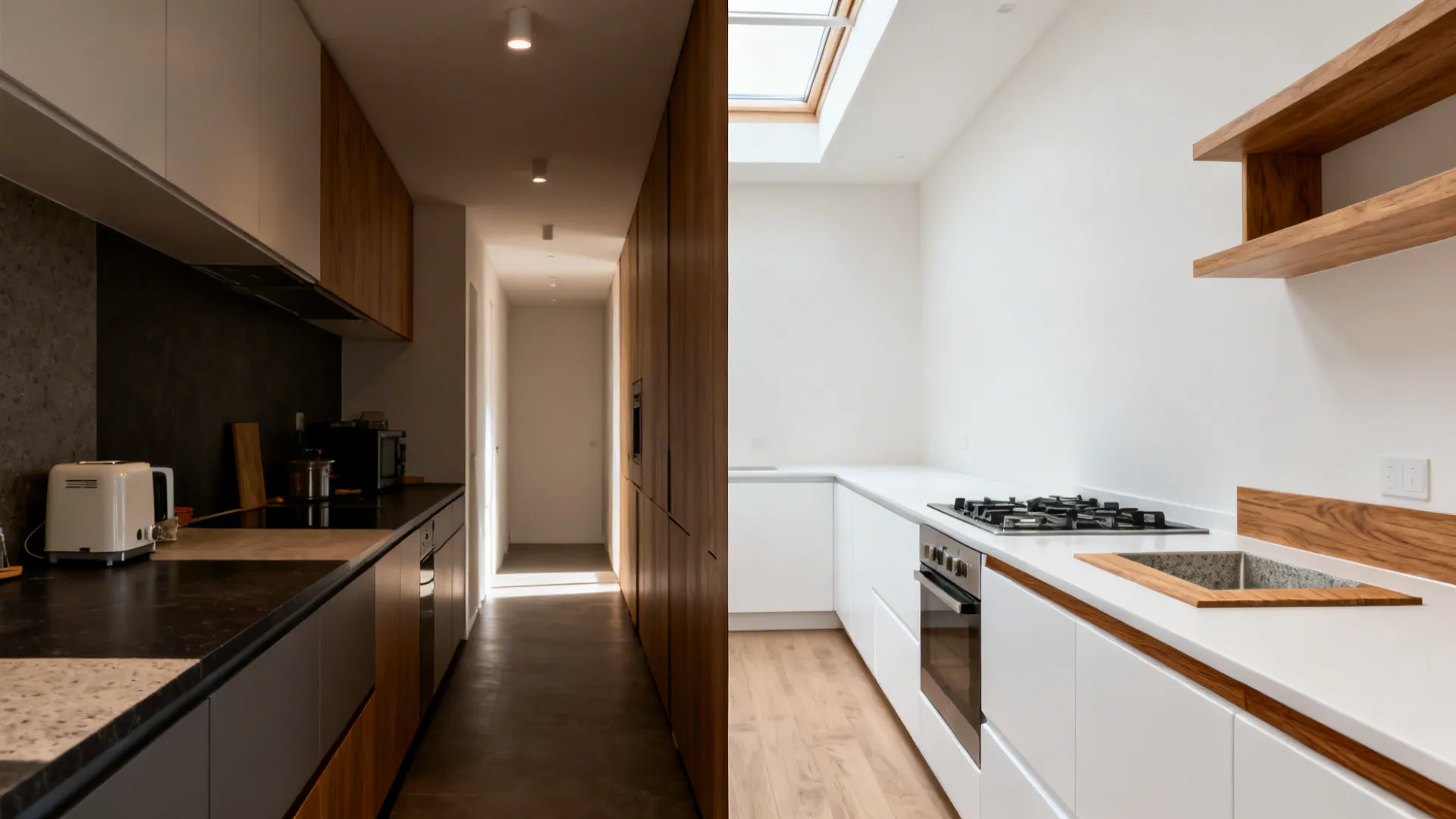 Before-and-after galley showing a continuous countertop and warm wood accents that visually lengthen the space.