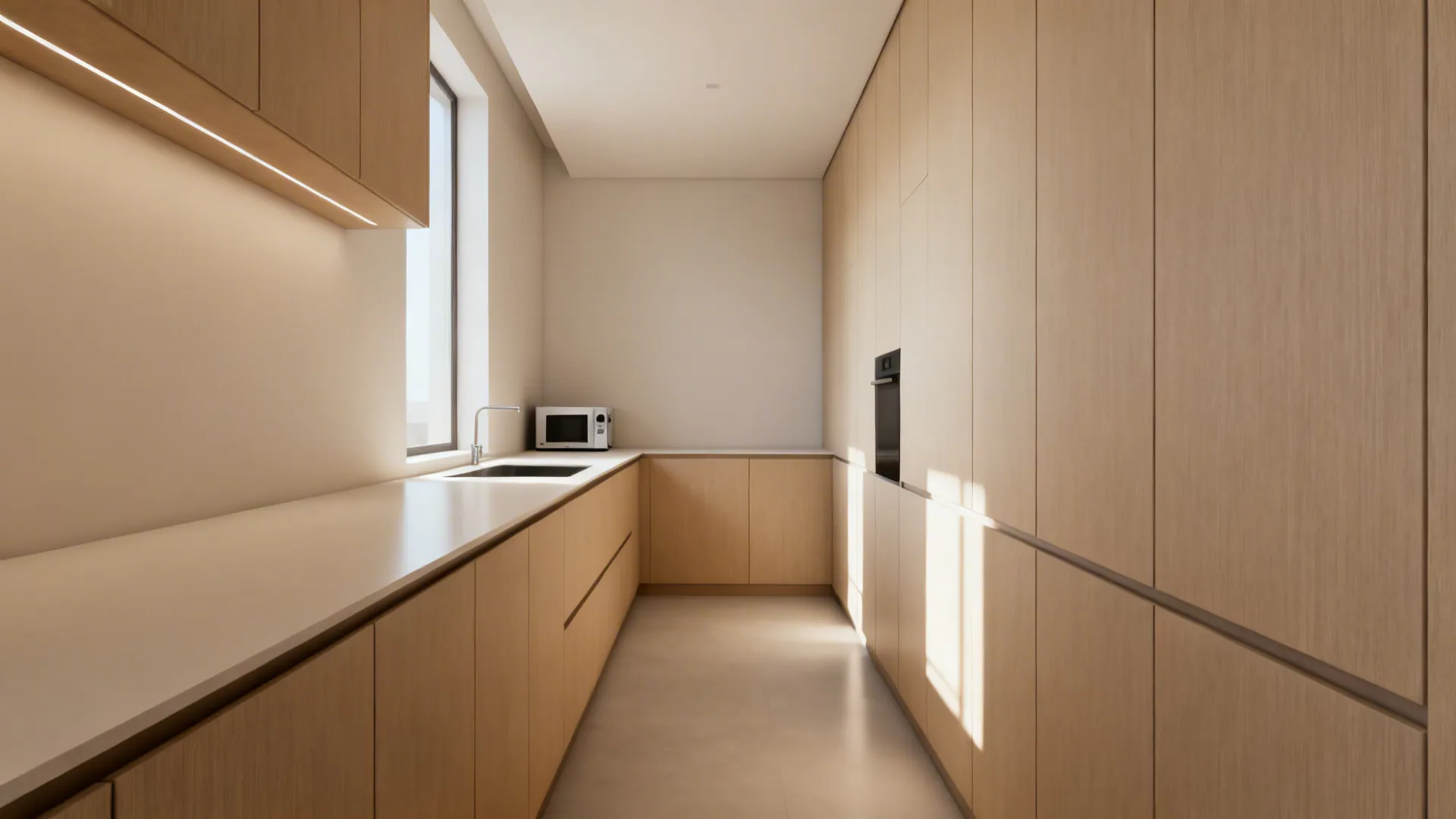 Narrow kitchen with a single continuous pale countertop and planned appliance zone.