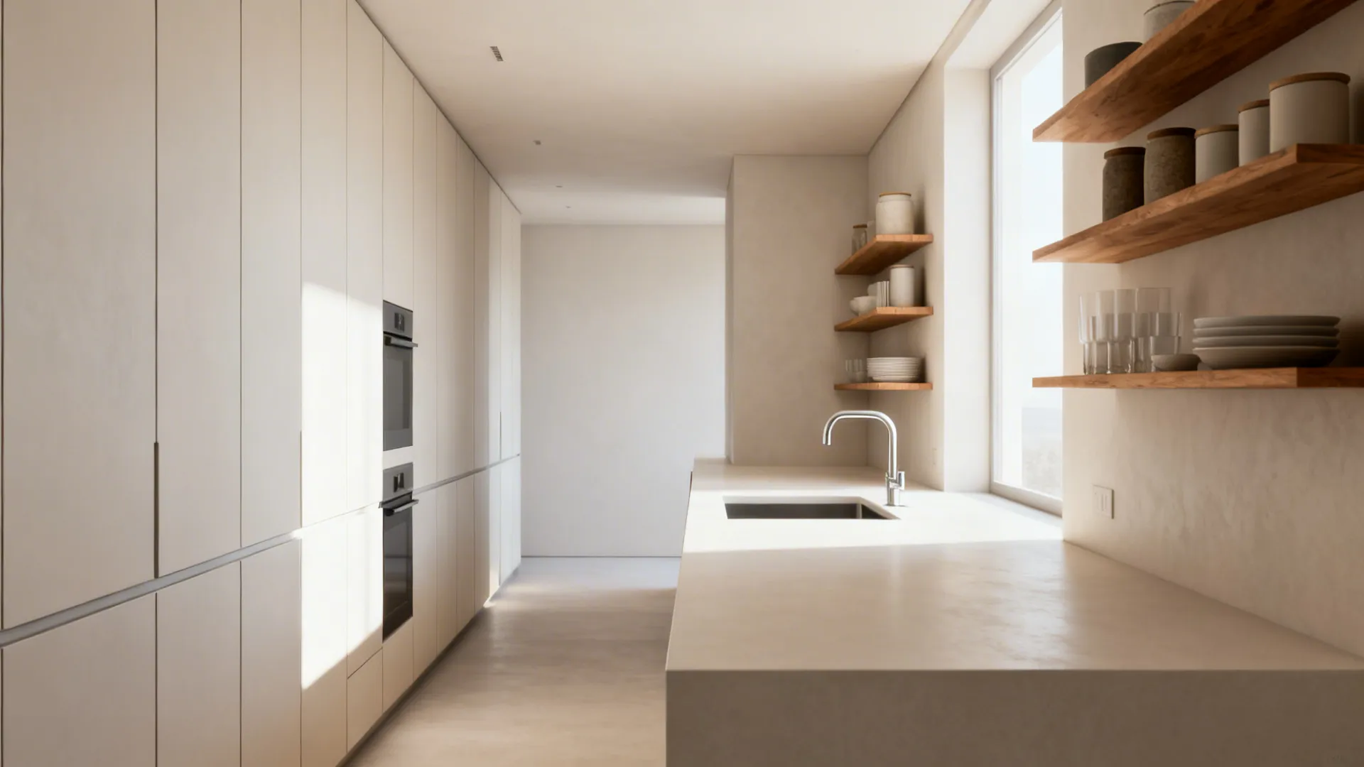 Continuous pale countertop with open wooden shelving and neat containers in a galley kitchen.