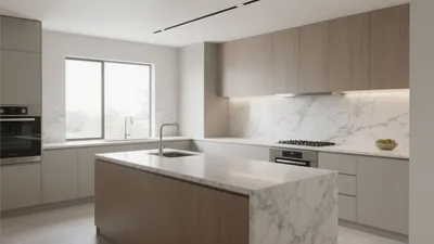 Modern L-Shaped Kitchen with Marble Countertops & Warm Wood Accents