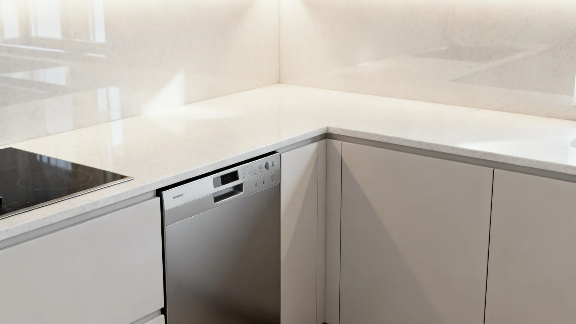 Continuous quartz countertop with flush-integrated appliances in a small L-shaped kitchen