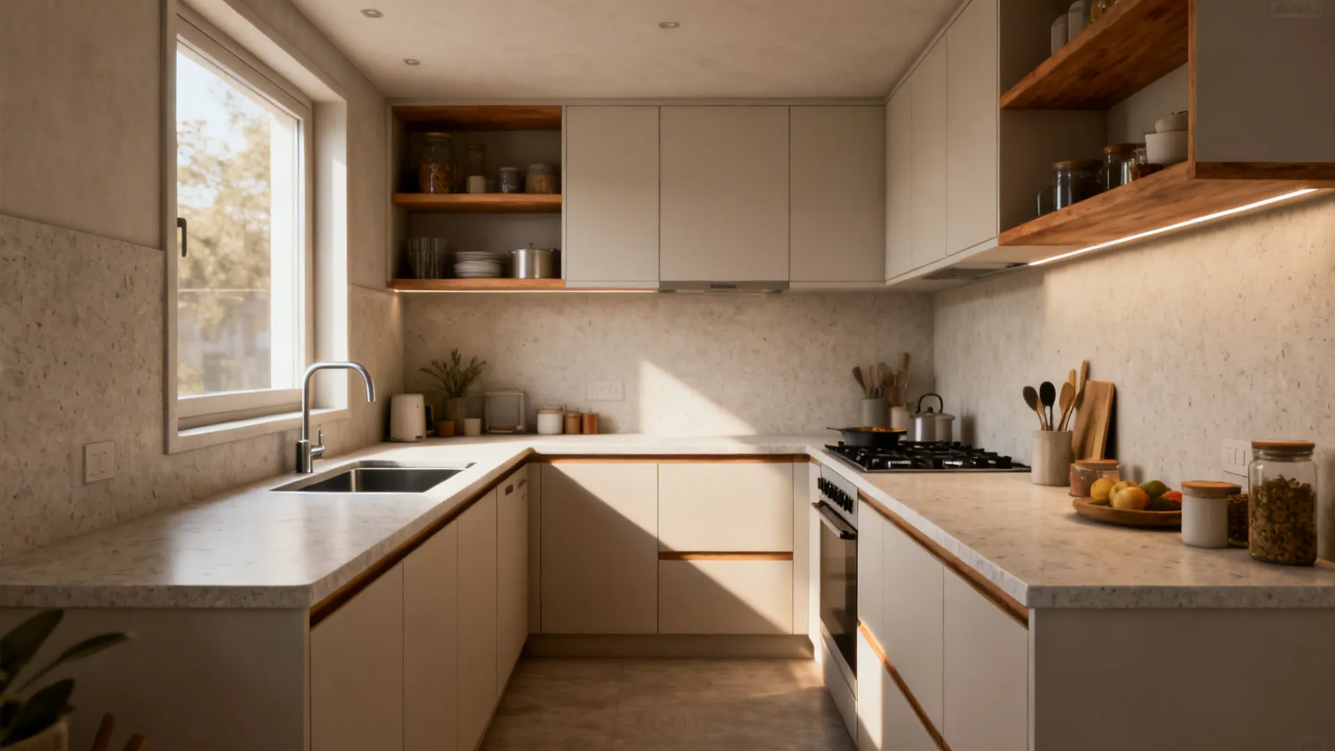 Narrow continuous countertop run from sink to stove in a small kitchen with no seams.