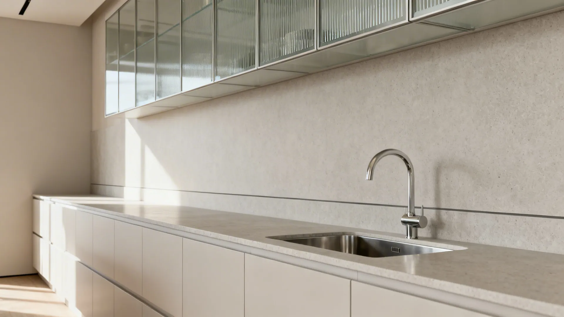 Galley kitchen with a continuous honed counter and 6–8 inch slim backsplash beneath reeded glass uppers.