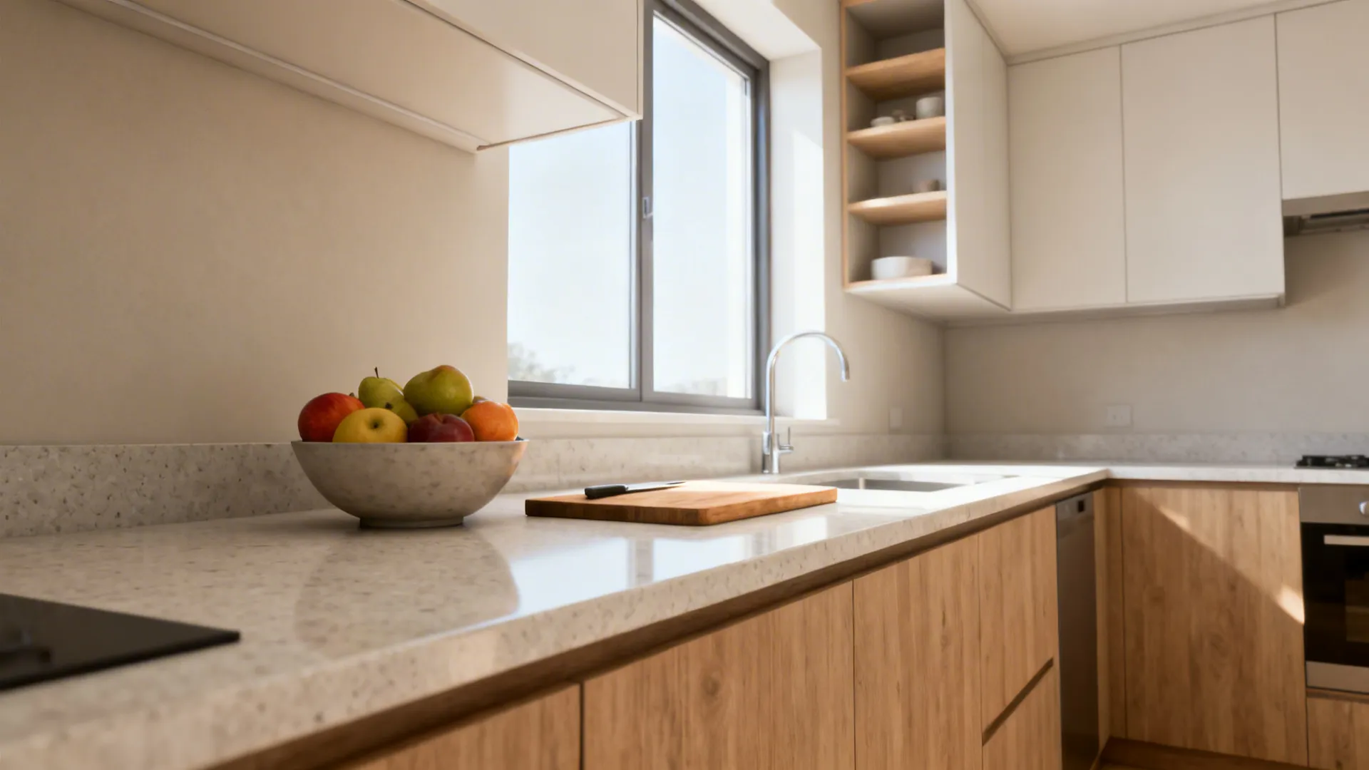 Uninterrupted countertop extending to a window creating a long prep strip and open sightline.