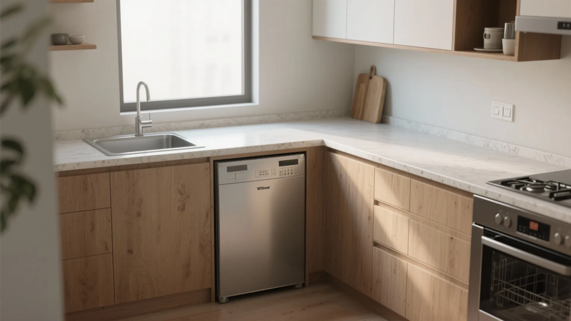 Modern wooden kitchen cabinets with white countertop featuring a sink window and built-in silver dishwasher