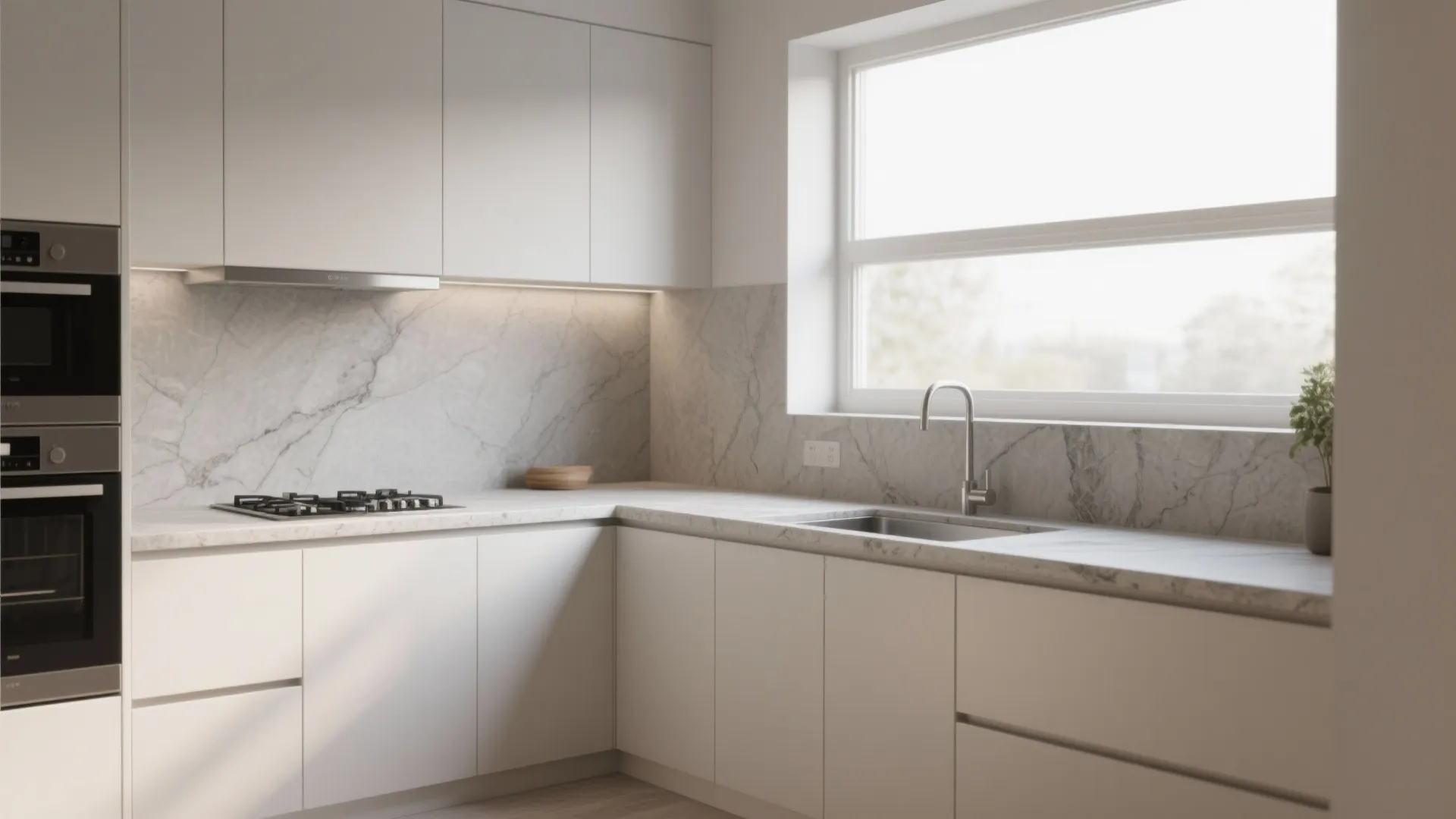 Continuous stone countertop flowing into backsplash