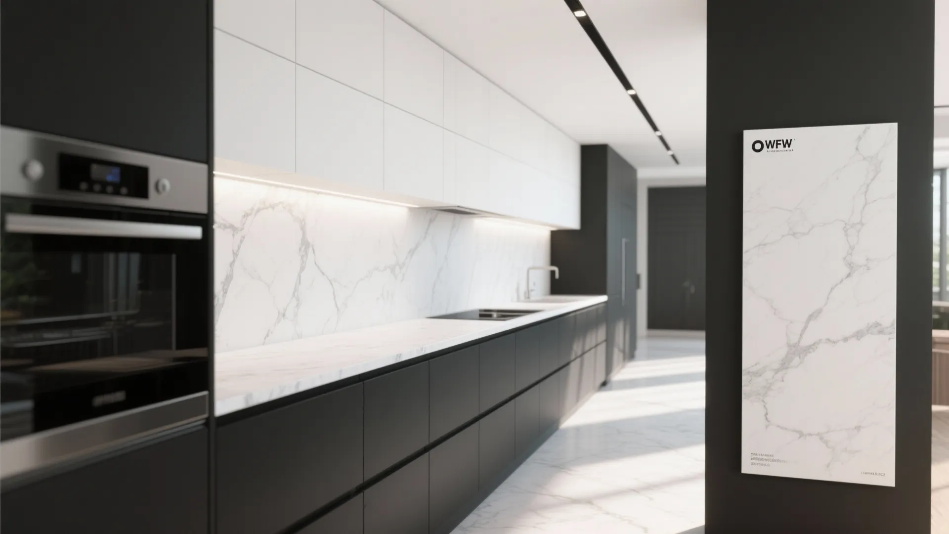 Modern black and white kitchen with marble countertop white upper cabinets and a built-in oven