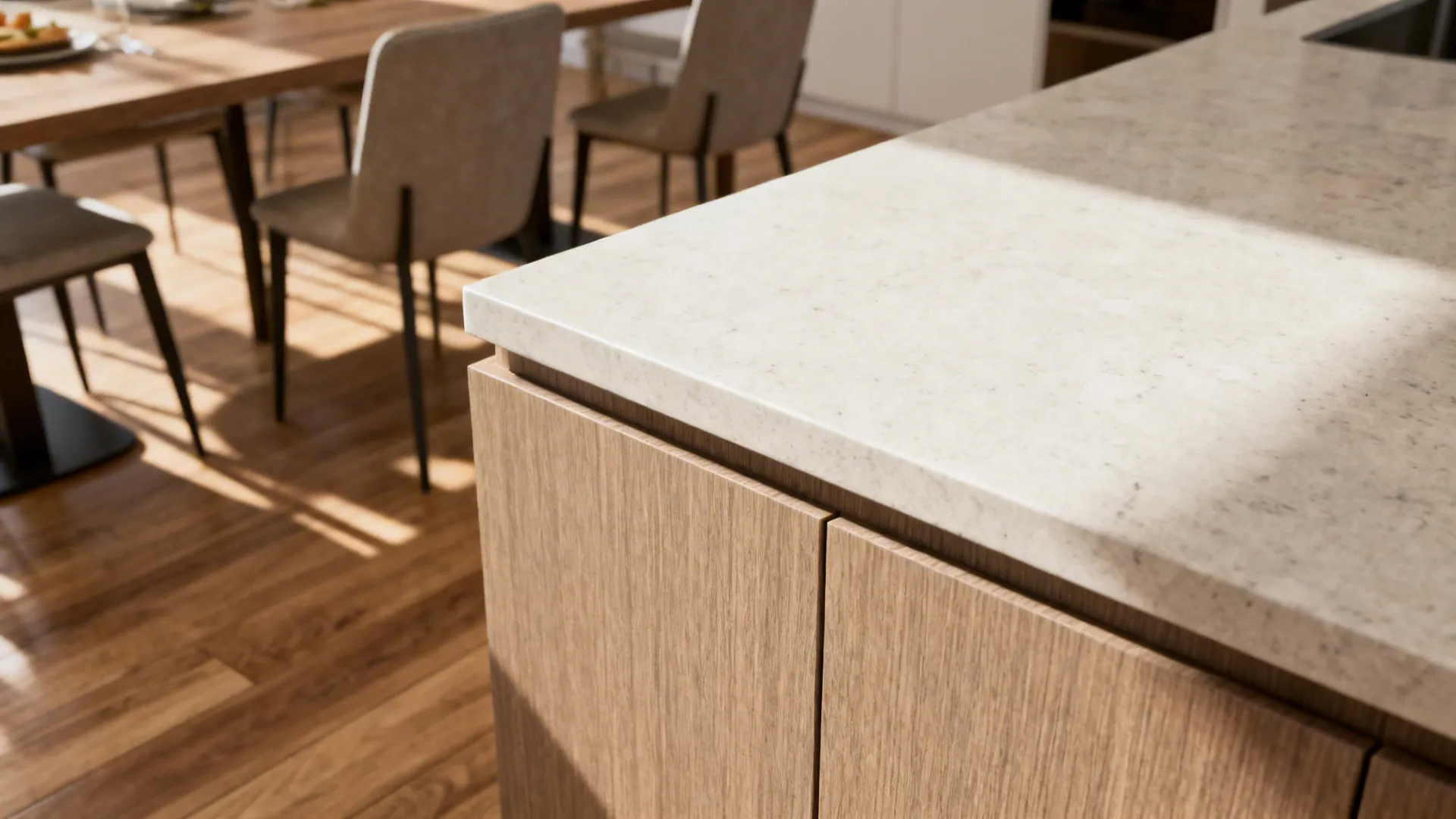 Close up of white stone kitchen island countertop with wooden cabinets and blurred dining background