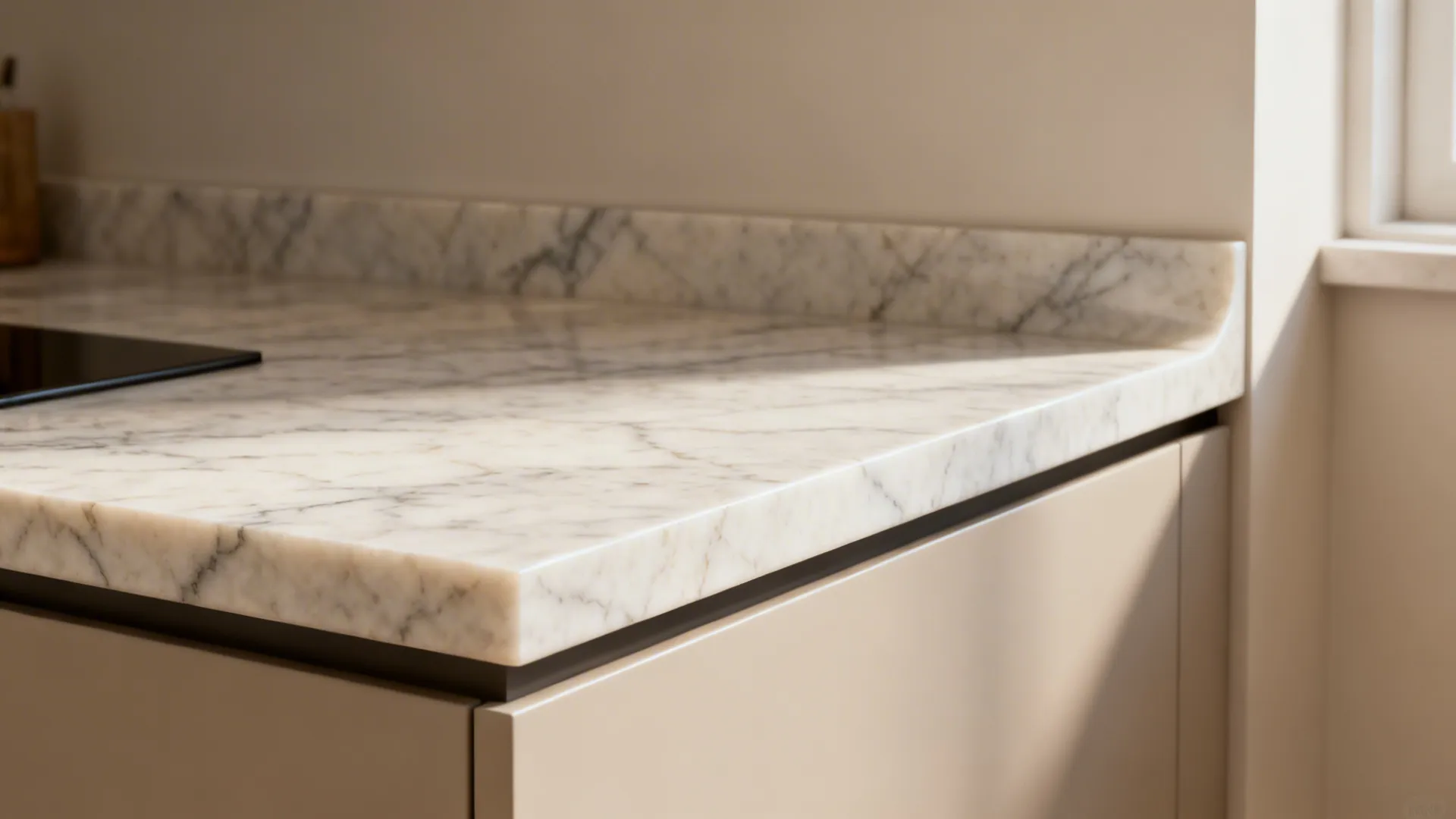 Continuous slab countertop flowing up the backsplash, highlighting cohesive material and veining.