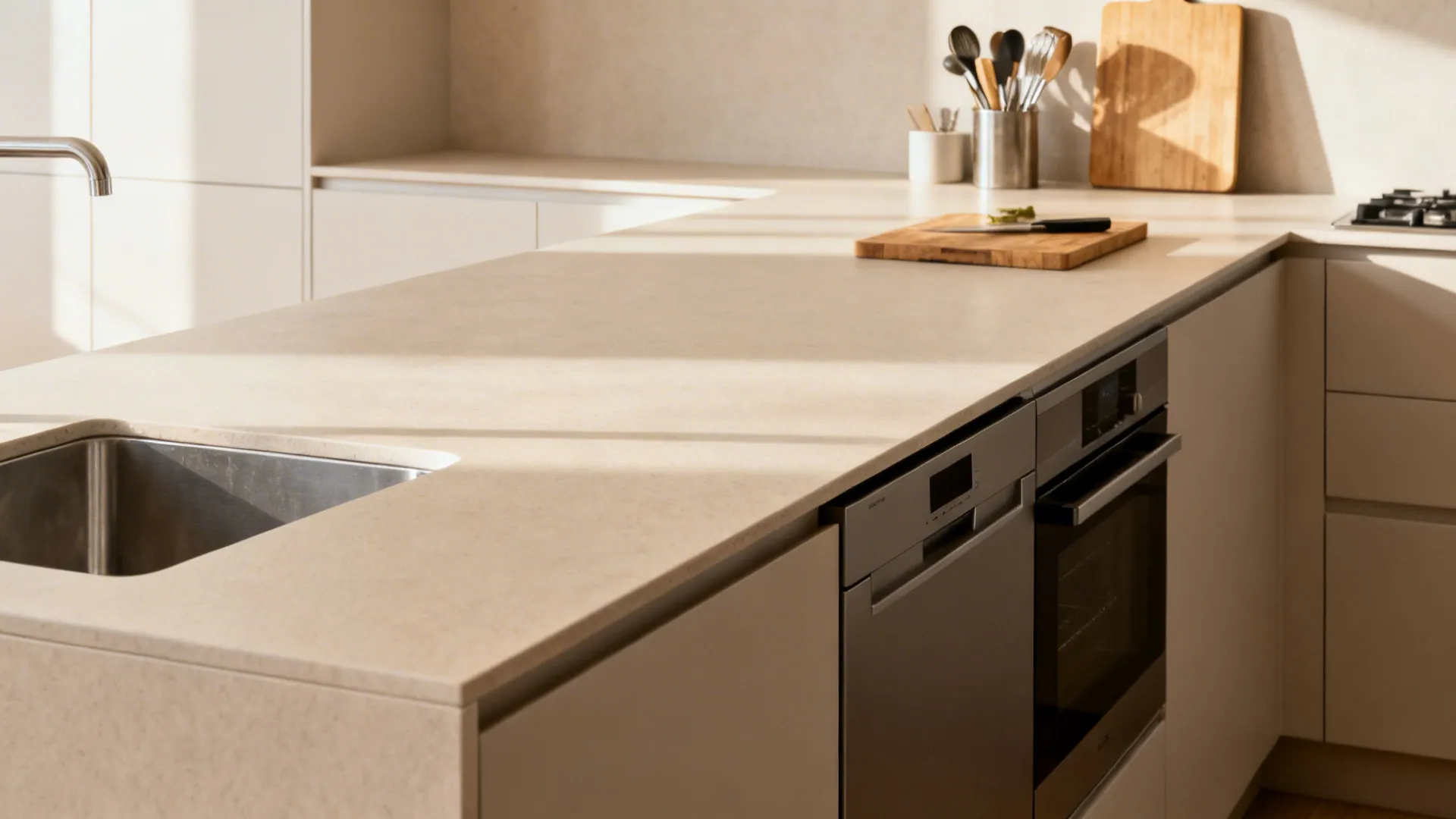 L-shaped kitchen with a single continuous pale countertop and integrated appliances.