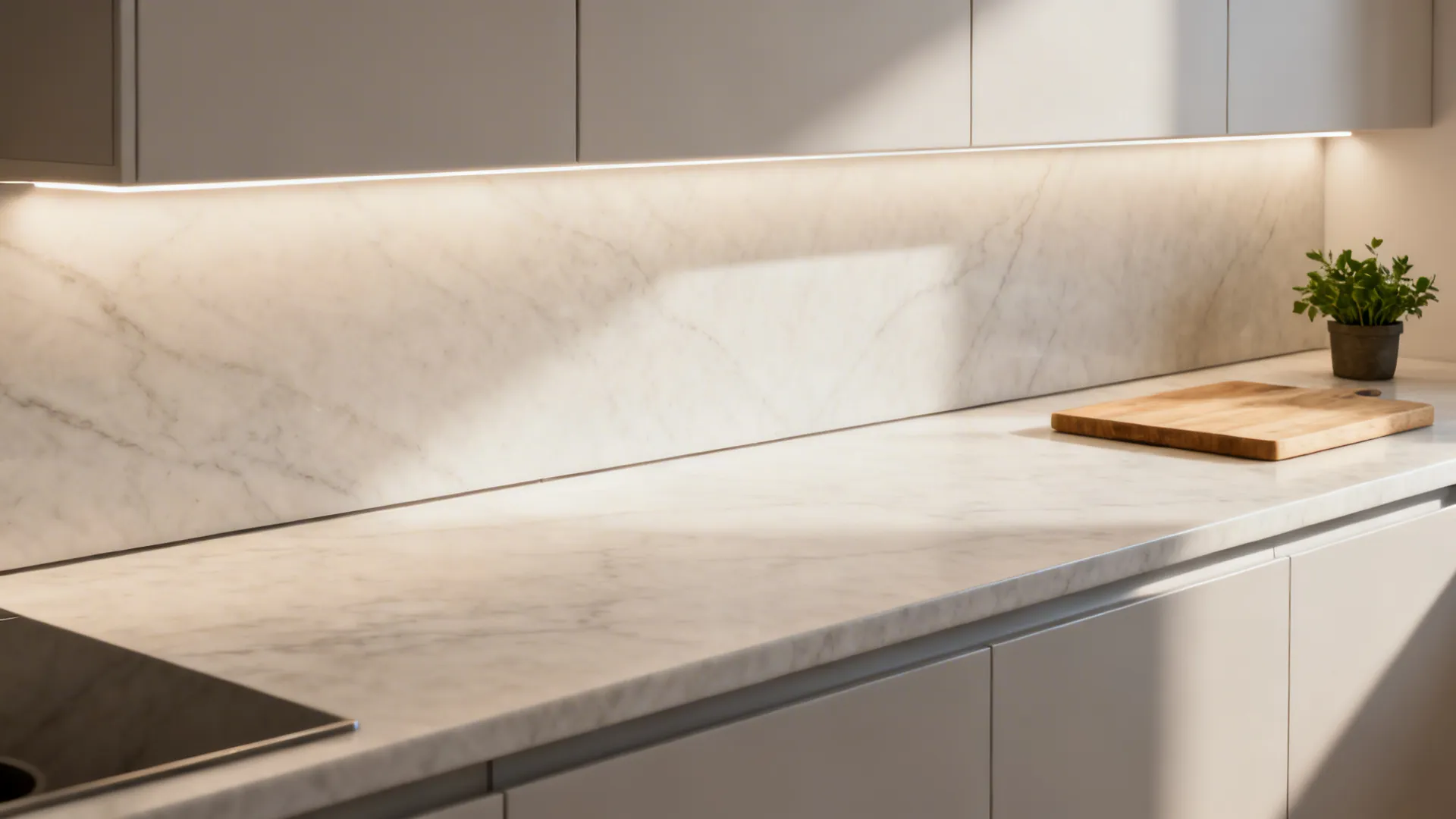 Seamless pale quartz countertop flowing into an integrated backsplash in a small kitchen.