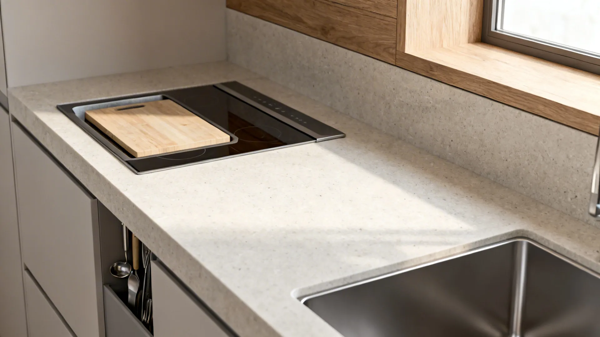 Continuous quartz countertop in a small kitchen showing prep, cook, and cleanup zones.